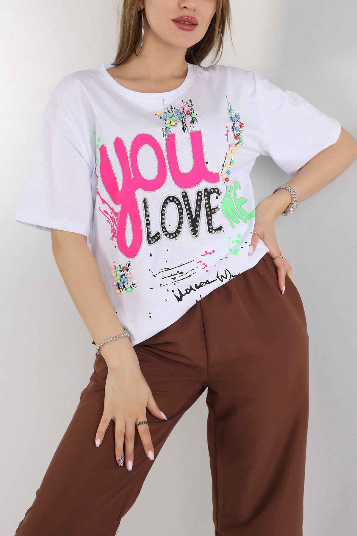 Beyaz Taşlı Oversize Bayan Tişört 163057