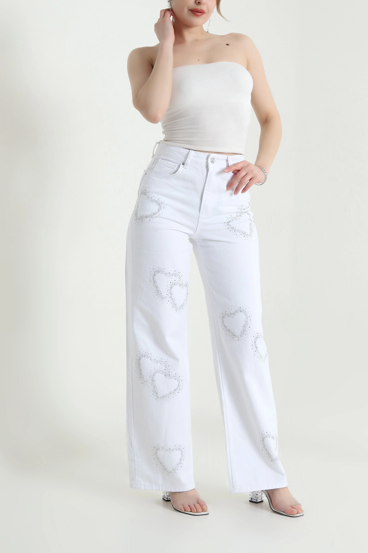 Beyaz Taşlı Salaş Kadın Kot Pantolon 453768