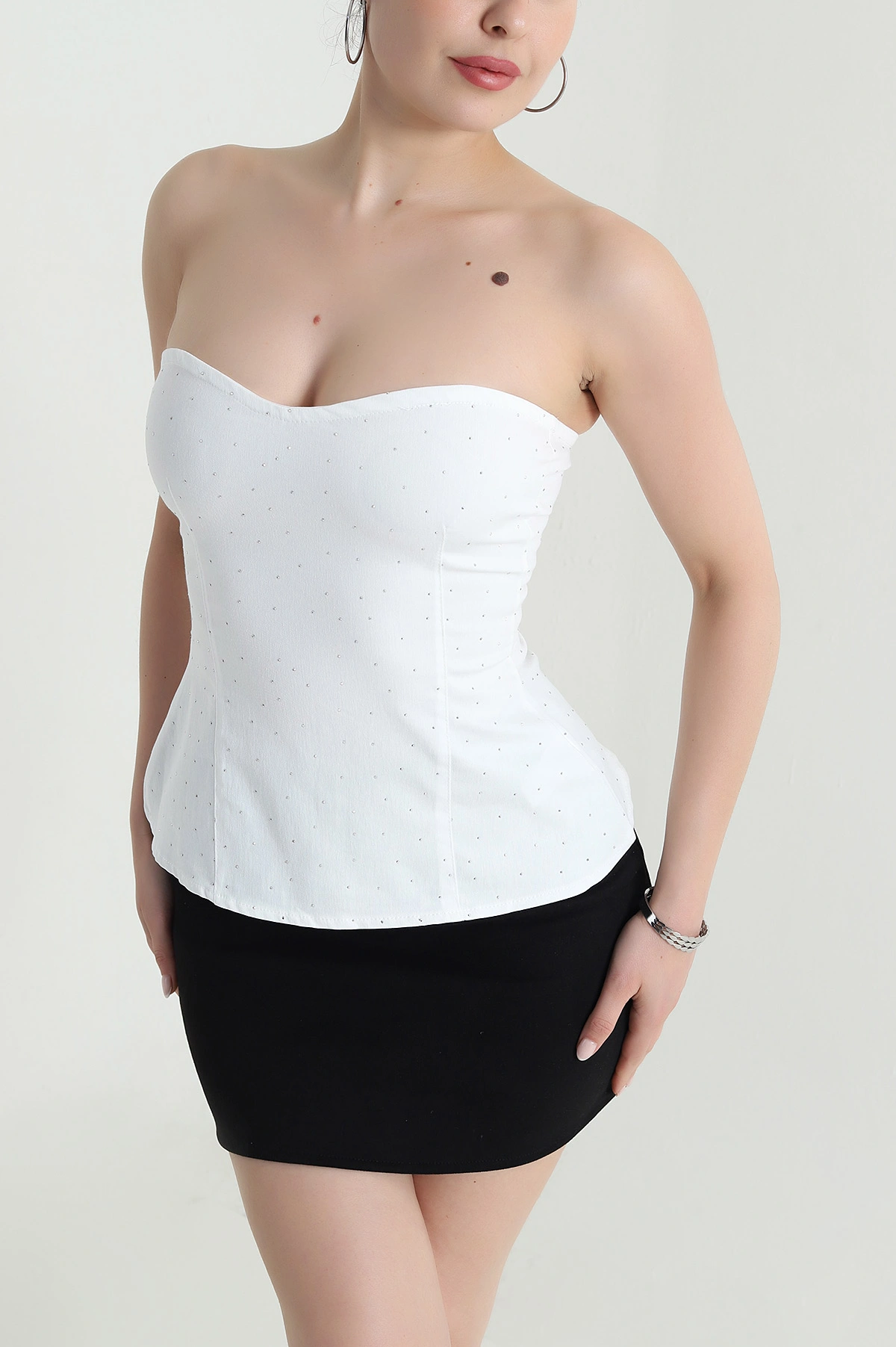 Beyaz Taşlı Straplez Kadın Denim Büstiyer 473165