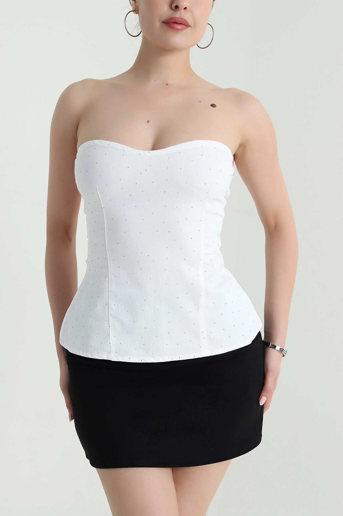 Beyaz Taşlı Straplez Kadın Denim Büstiyer 473165
