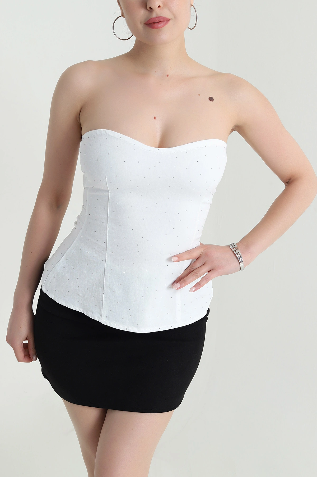 Beyaz Taşlı Straplez Kadın Denim Büstiyer 473165
