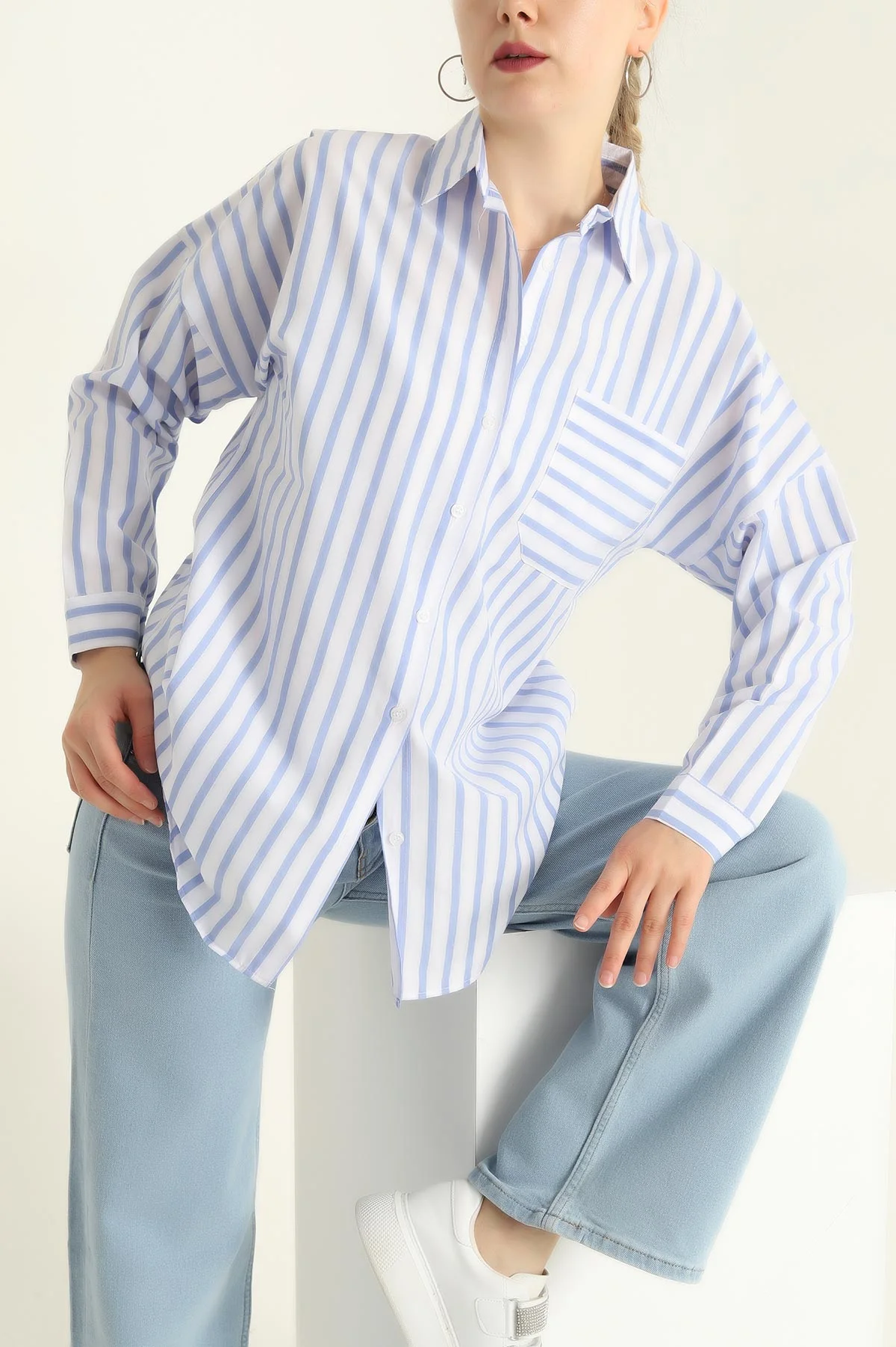 Beyaz Tek Cep Oversize Tunik Gömlek 286276