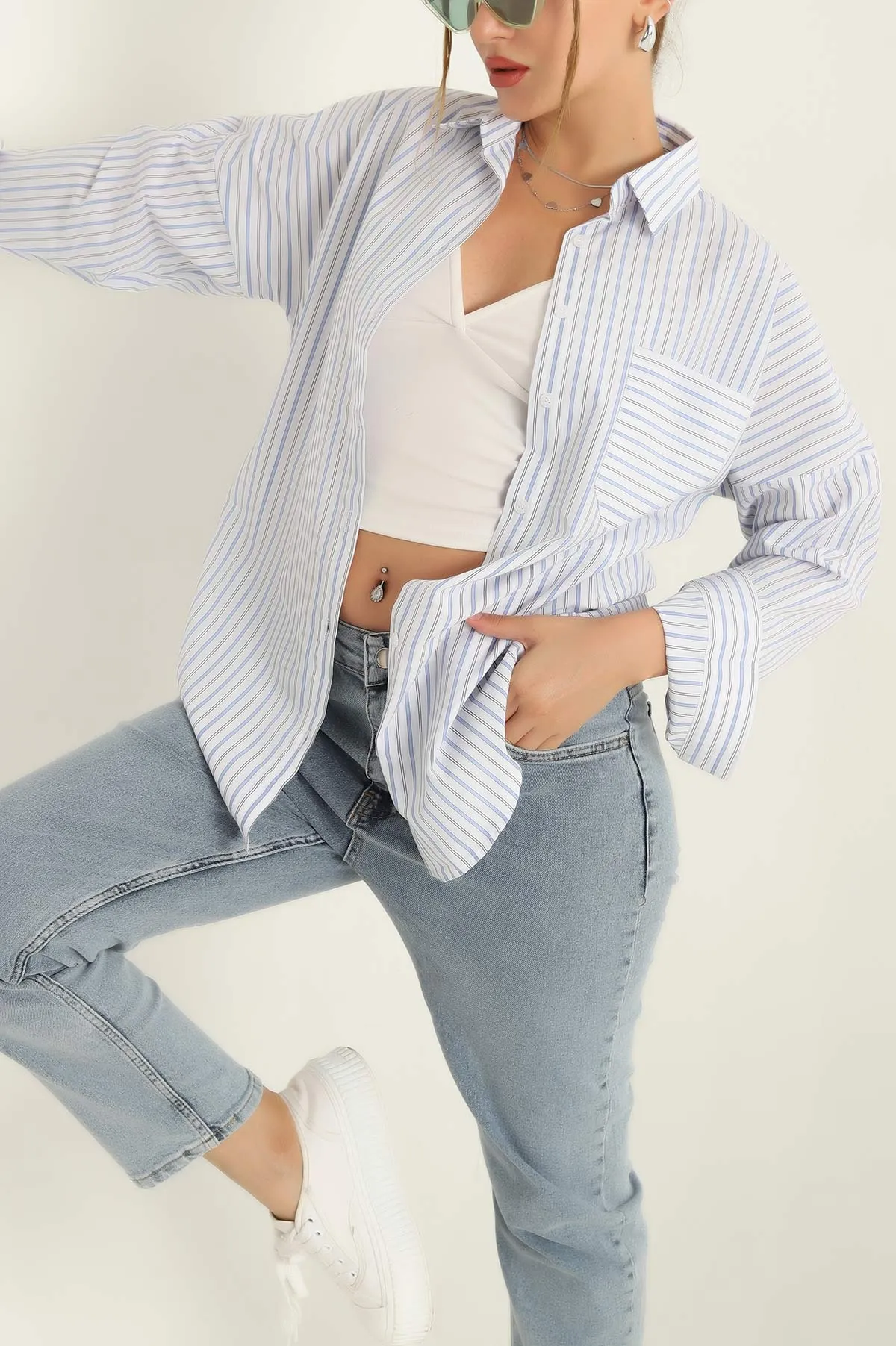 Beyaz Tek Cep Oversize Tunik Gömlek 286280