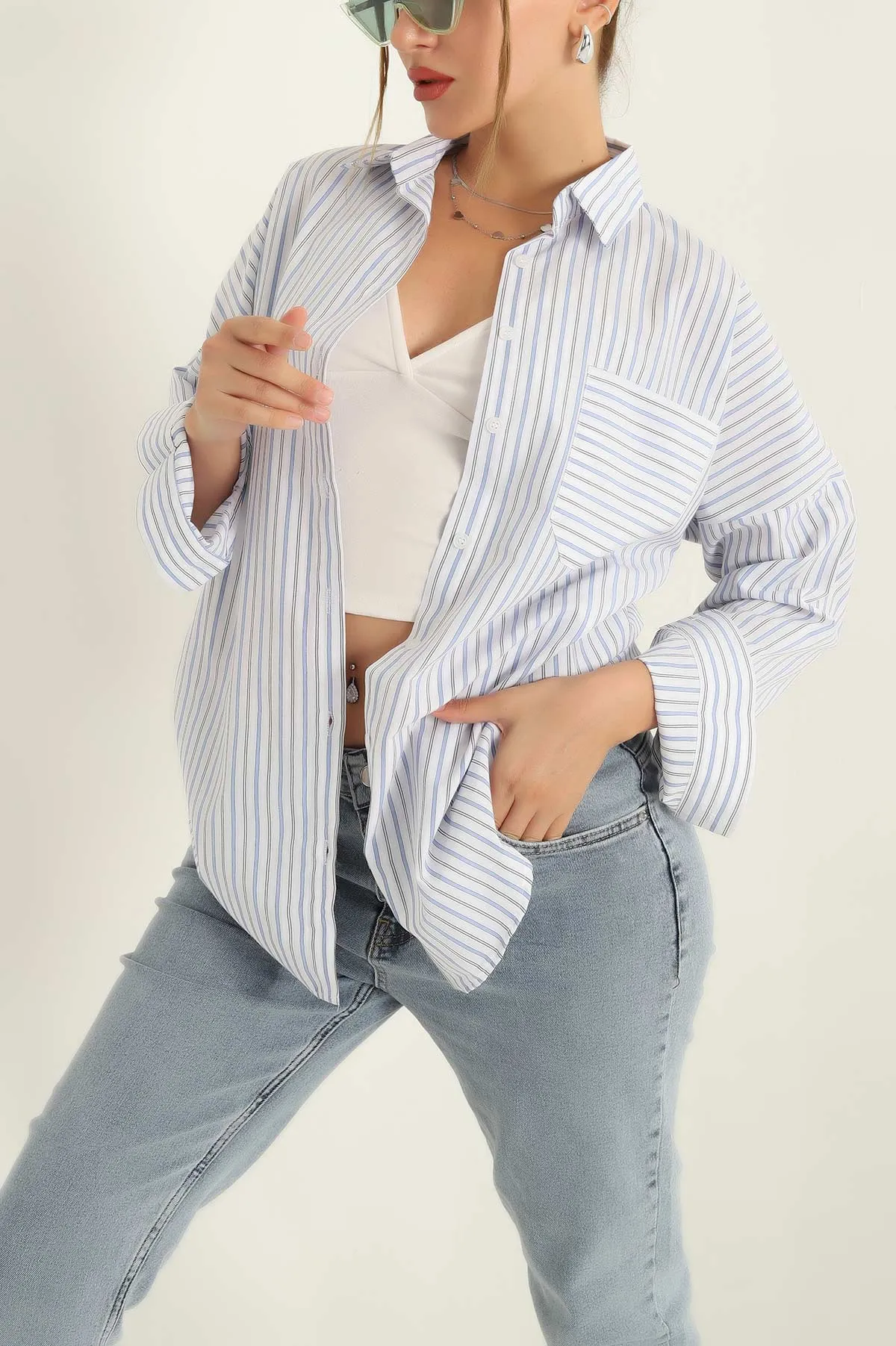 Beyaz Tek Cep Oversize Tunik Gömlek 286280