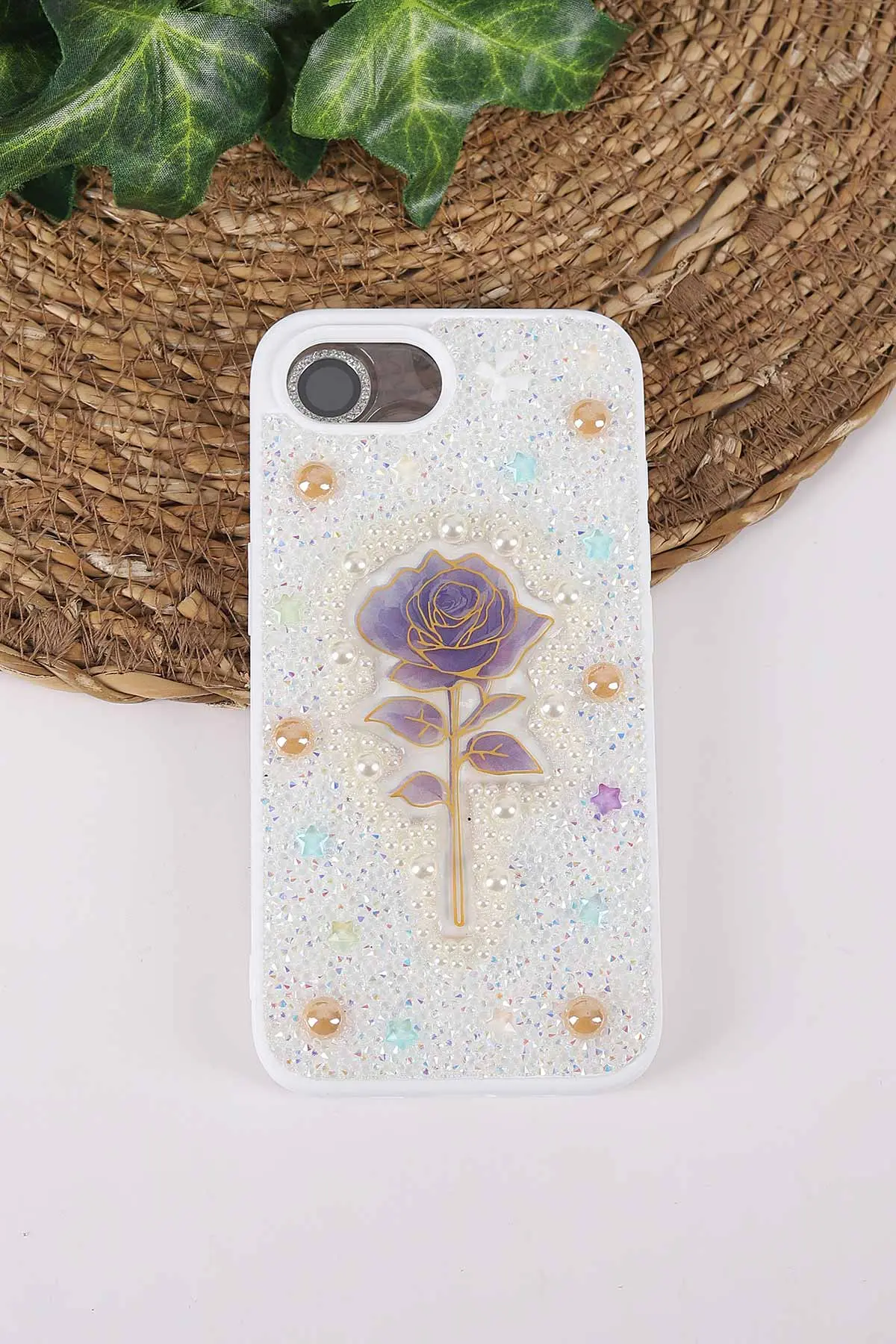 Beyaz TeknoCase İPhone 16E Uyumlu Afra Diamond Case Serisi Lens Hediyeli Premium Sert Silikon Telefon Kılıfı 430559