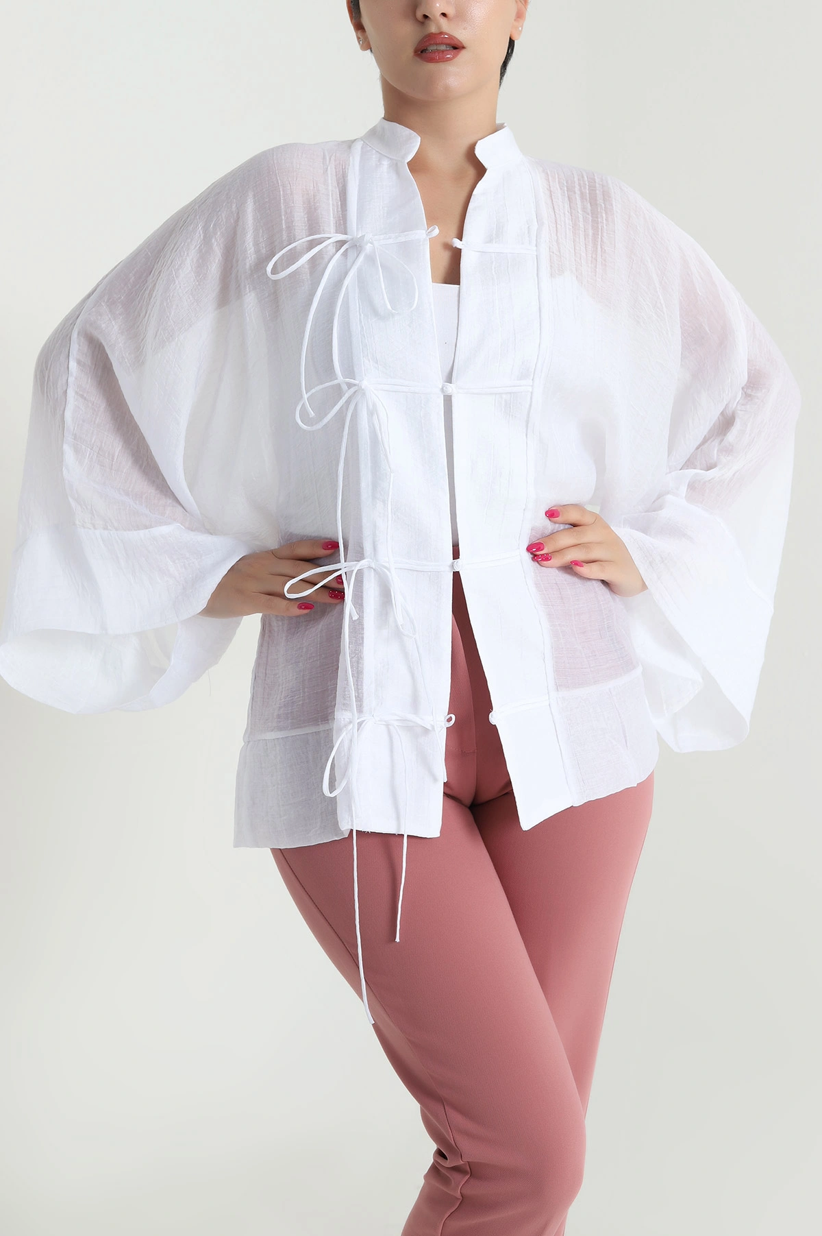 Beyaz Tencel İp Bağcıklı Kadın Gömlek 476097