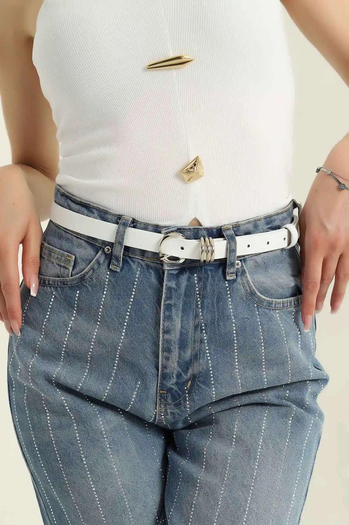 Beyaz Gümüş Toka Detaylı Kadın İnce Kemer 374312