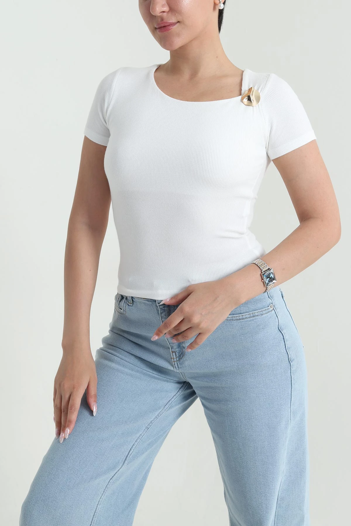 Beyaz Tokalı Ottoman Kadın Bluz 464846