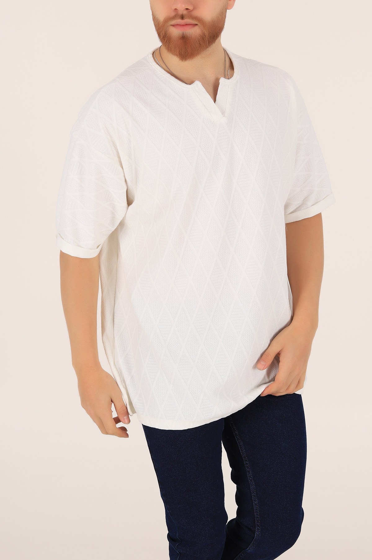 Beyaz Triko Dokulu Oversize Erkek Tişört 169613