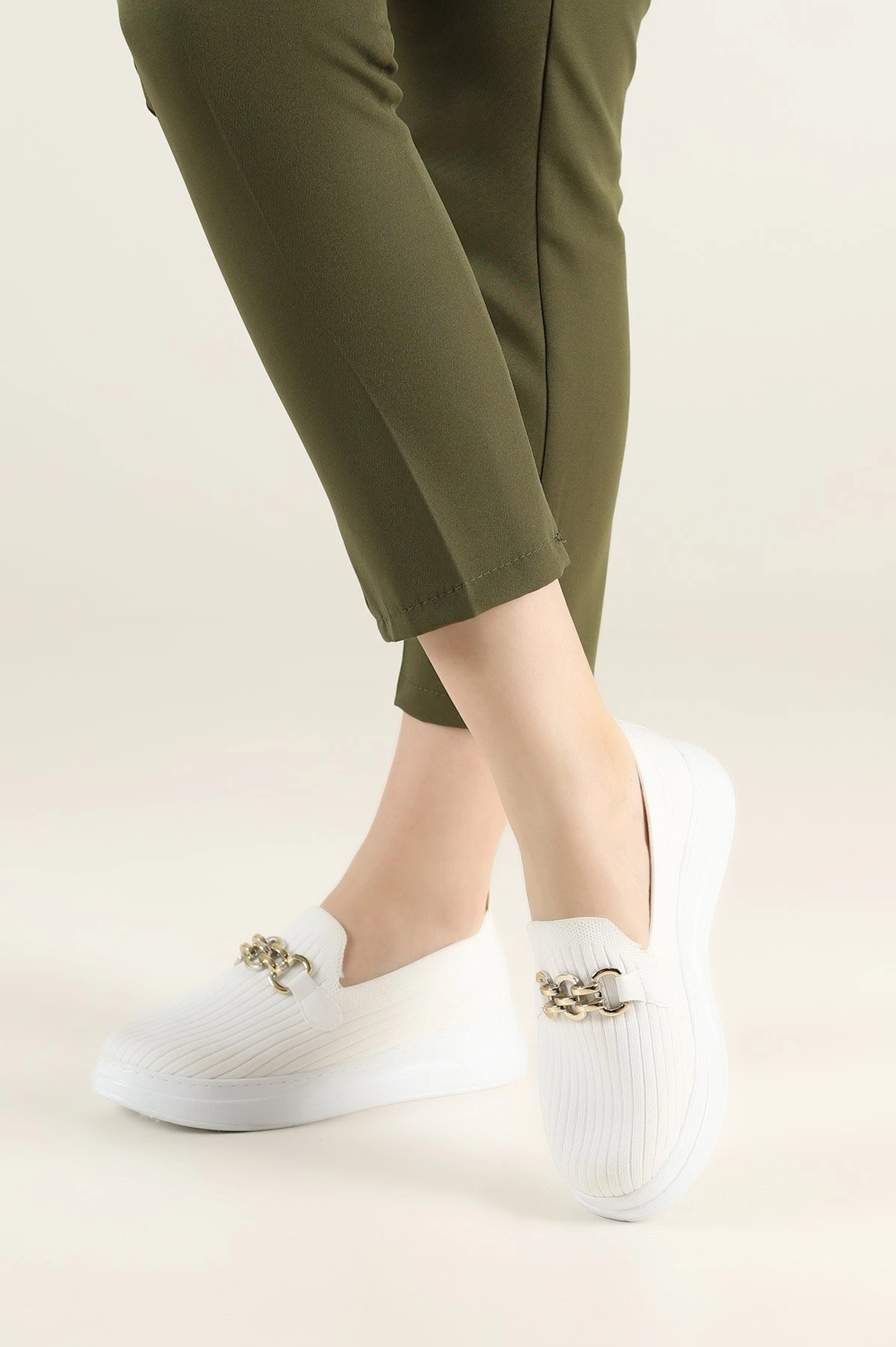 Beyaz Triko Gold Tokalı Loafer Ayakkabı 263743