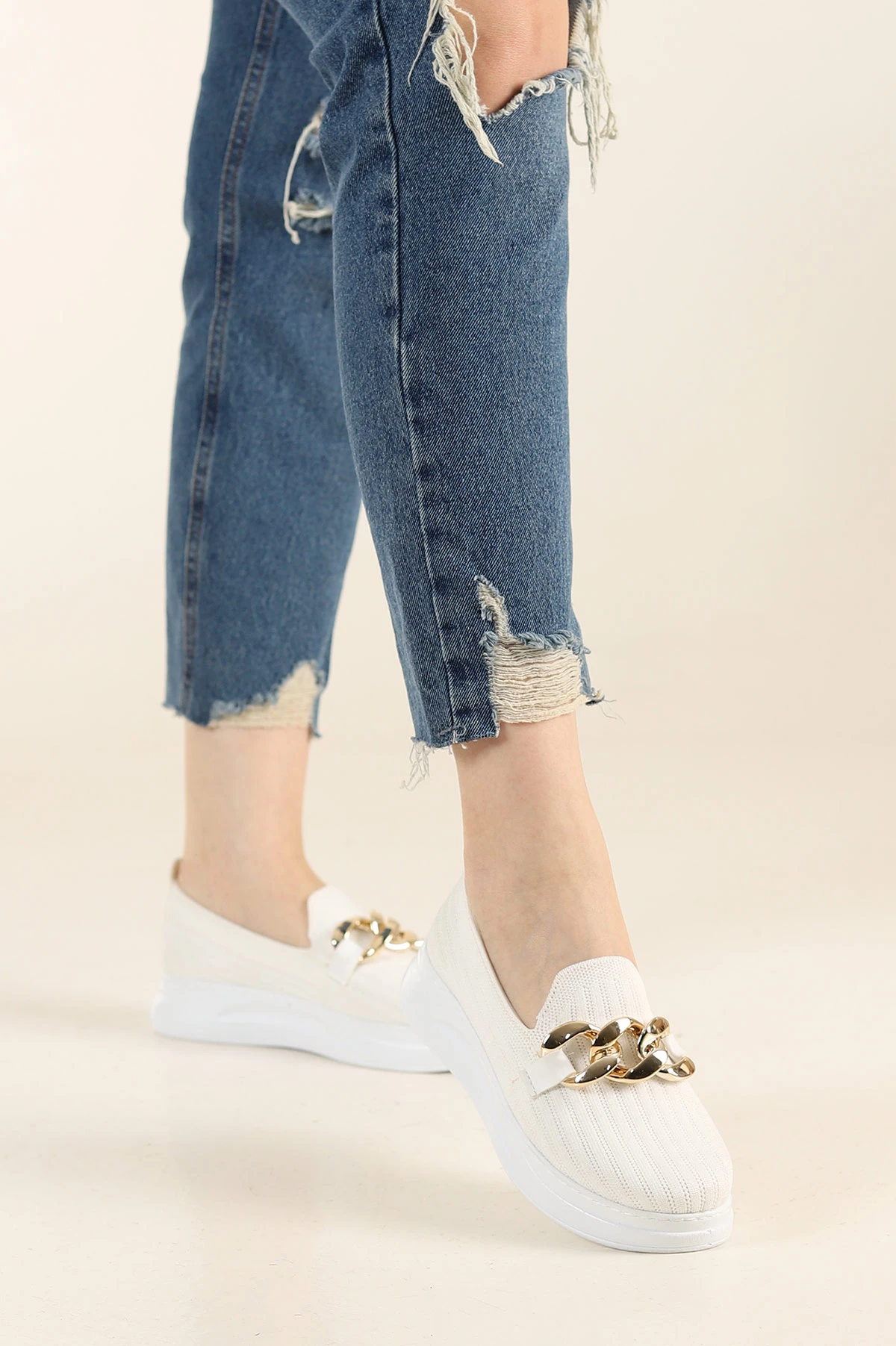 Beyaz Triko Gold Tokalı Loafer Ayakkabı 263753