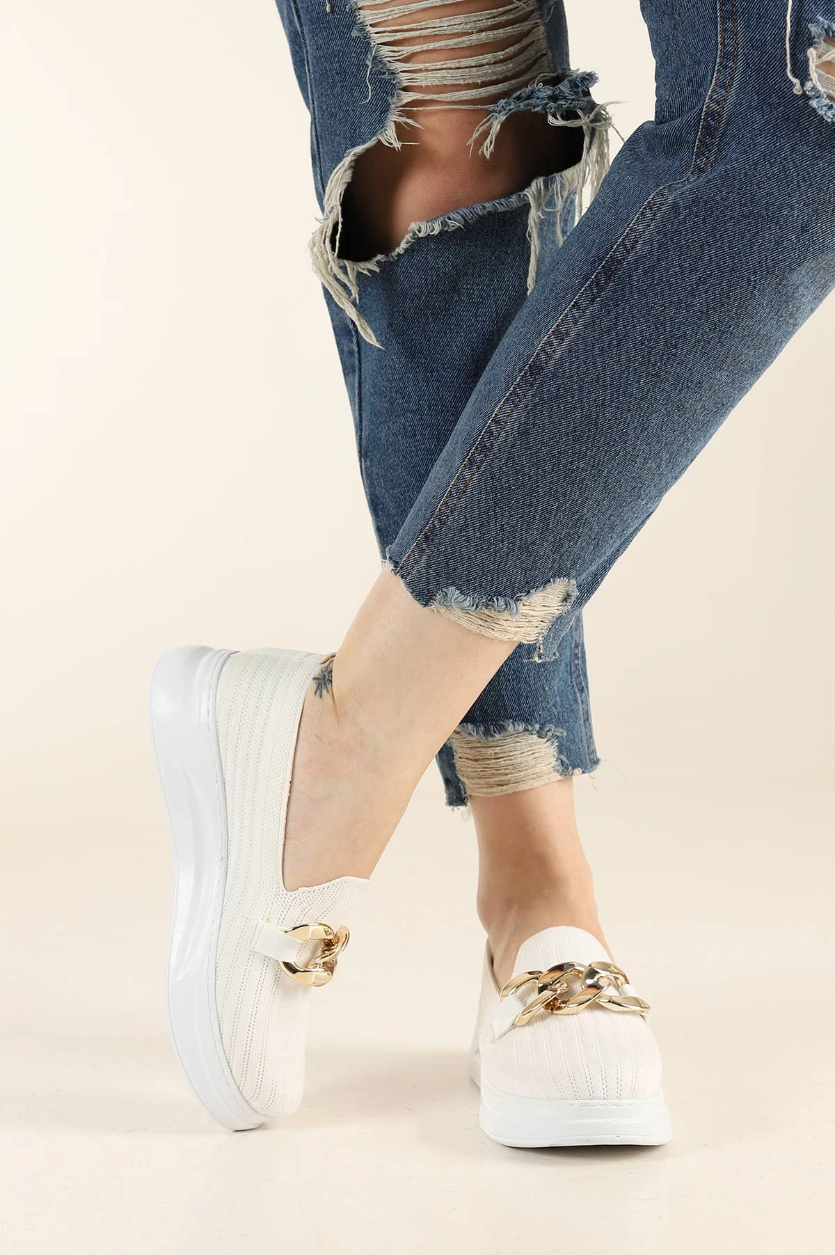 Beyaz Triko Gold Tokalı Loafer Ayakkabı 263753