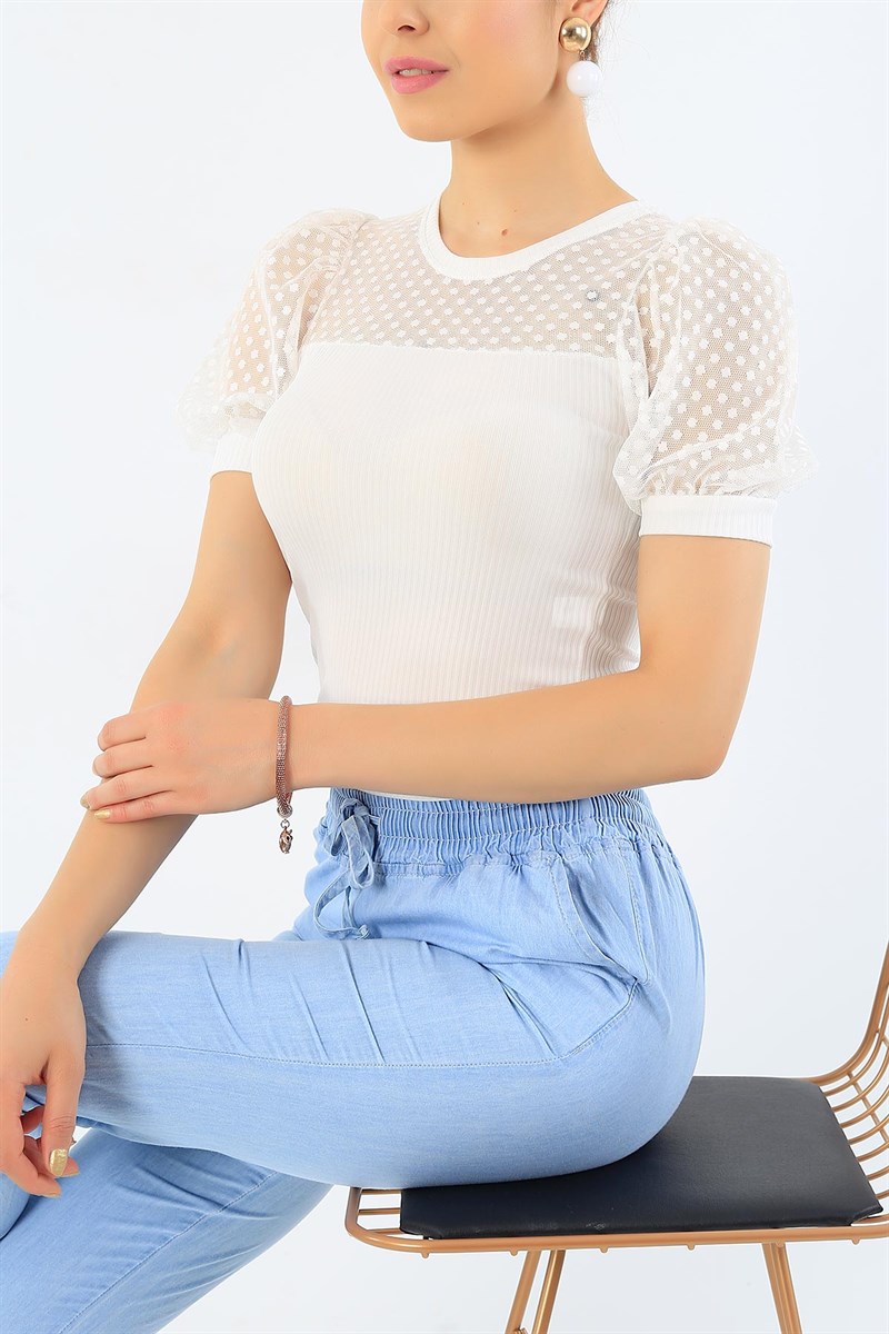 Beyaz Tül Detay Kaşkorse Bluz 33253