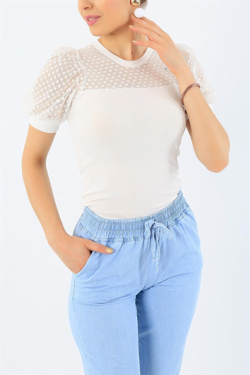 Beyaz Tül Detay Kaşkorse Bluz 33253