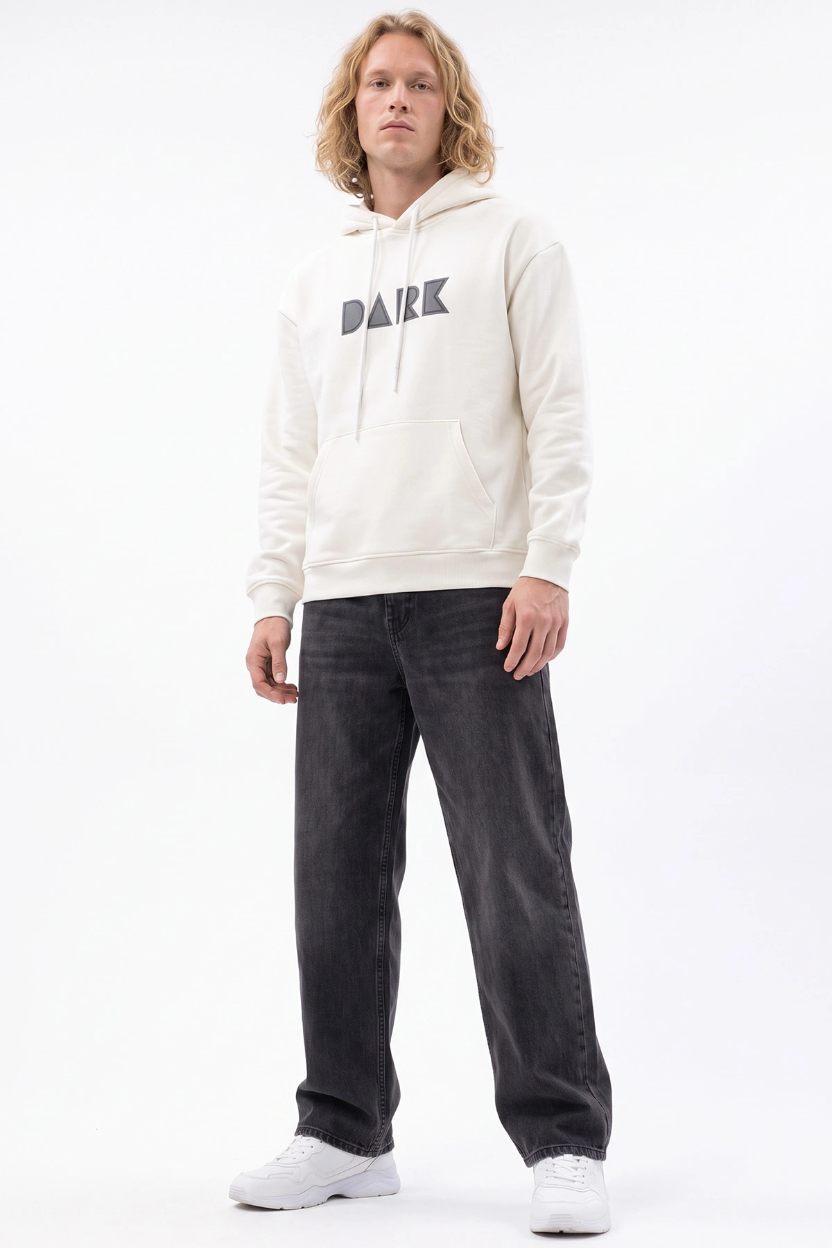 Beyaz Üç İp Şardonlu Kapüşonlu Erkek Sweatshirt 497785