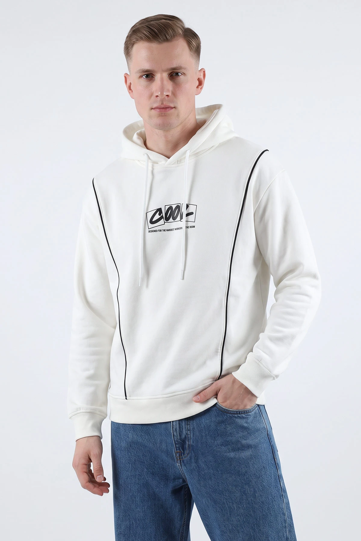 Beyaz Üç İp Şardonlu Kapüşonlu Erkek Sweatshirt 500076