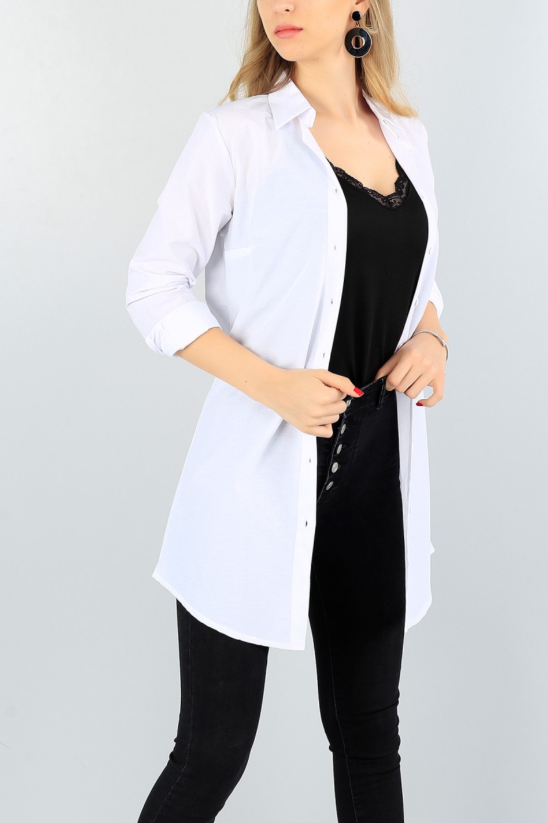 Beyaz Uzun Bayan Gömlek Tunik 58633