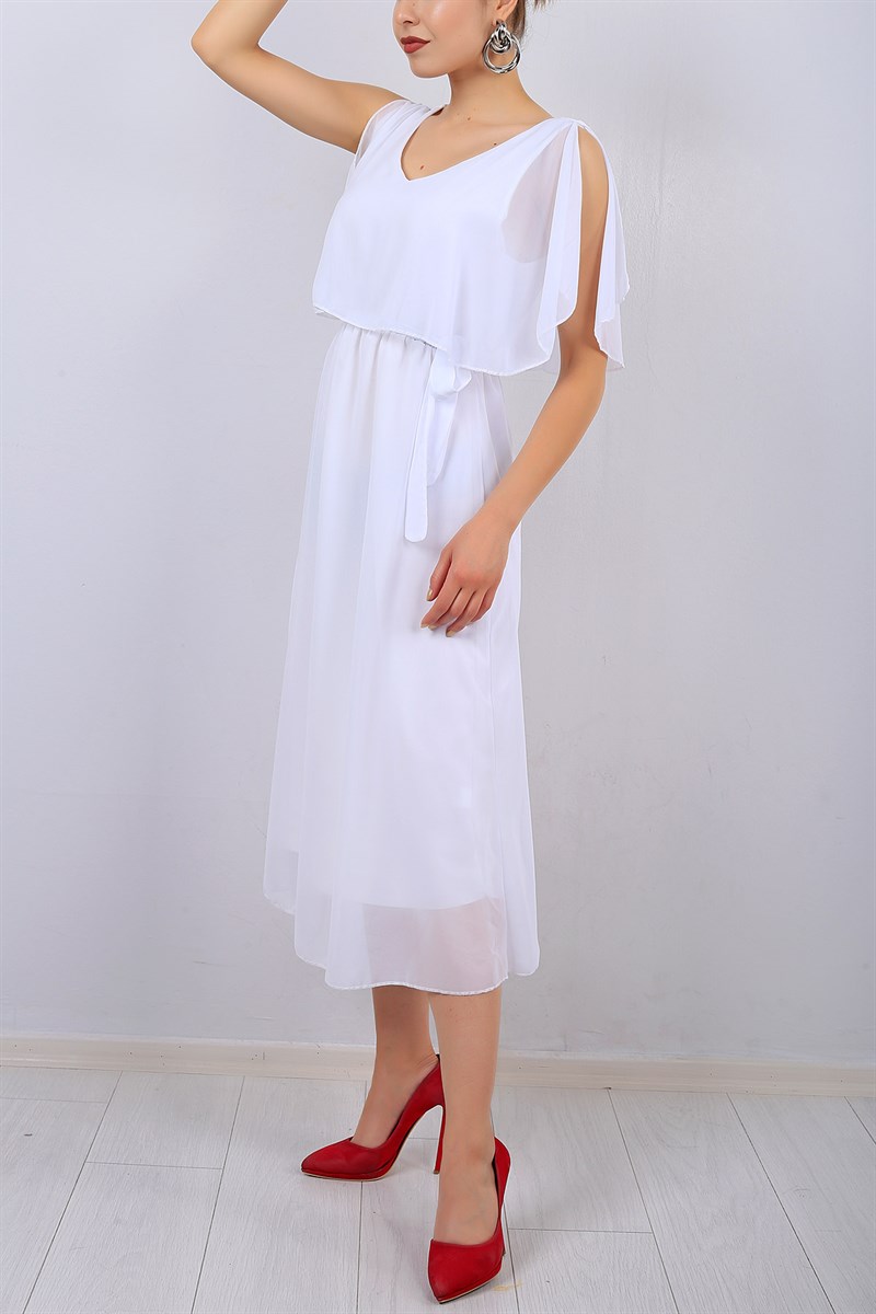 Beyaz V Yaka Bayan Şifon Elbise 14713B