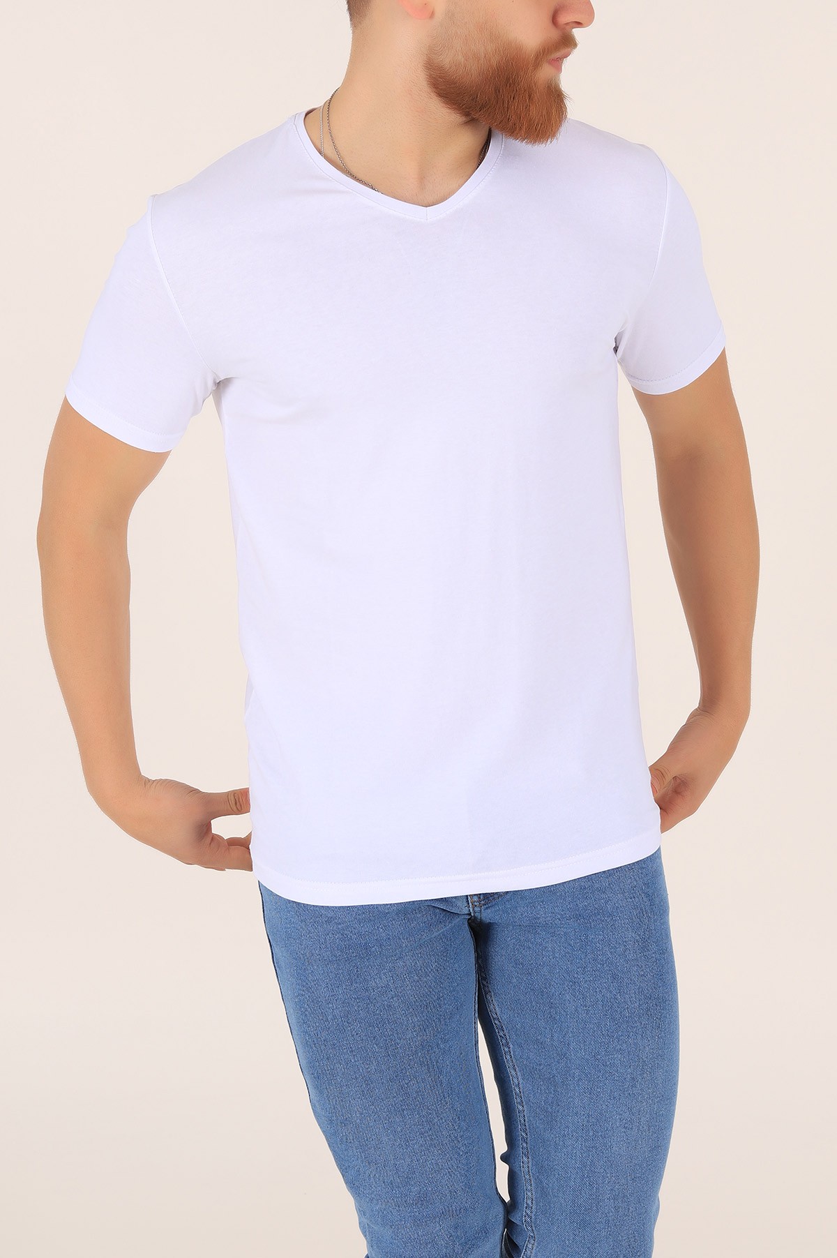 Beyaz V Yaka Basic Erkek Tişört 169570