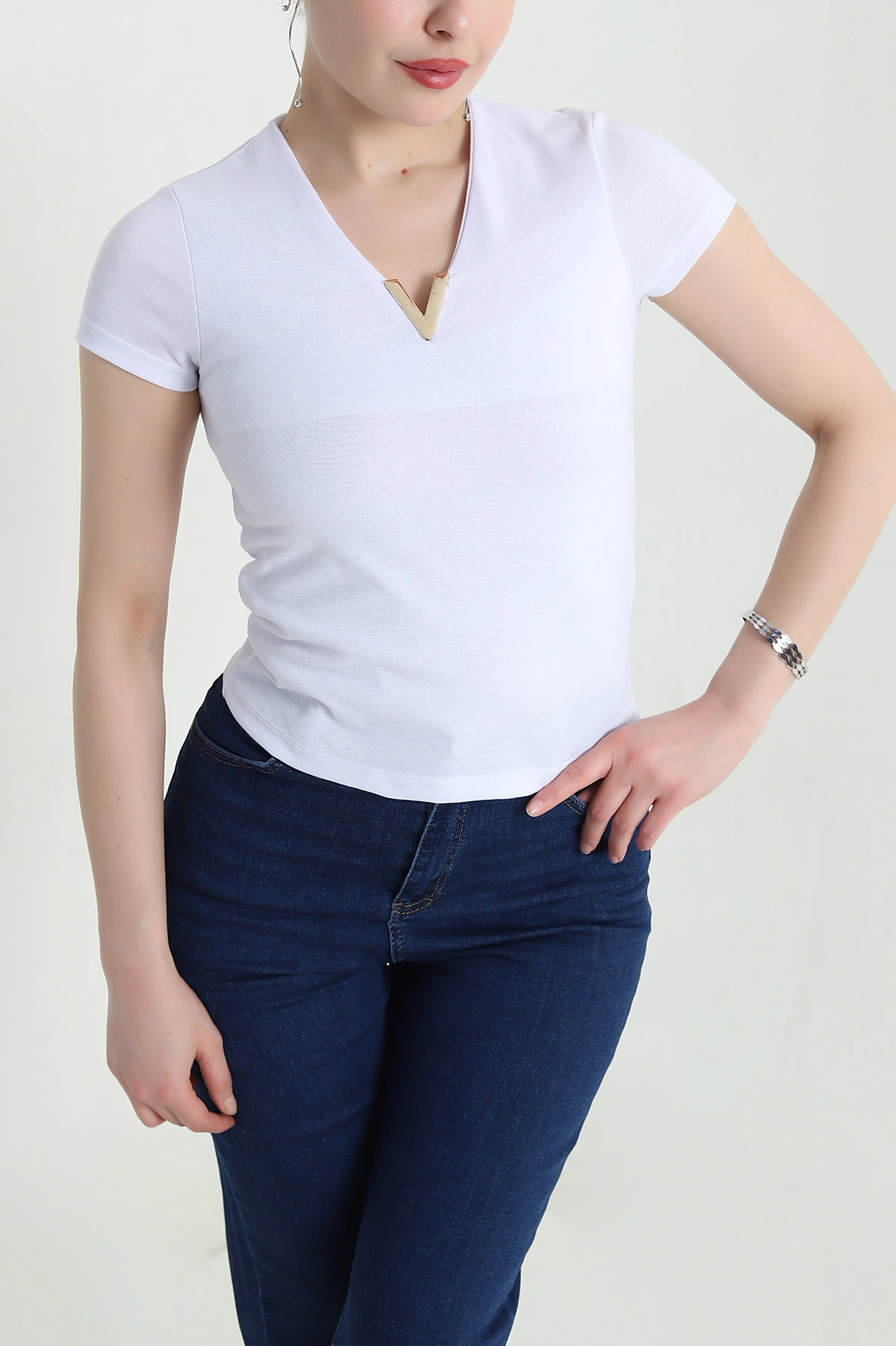 Beyaz V Yaka Kadın Bluz 454946