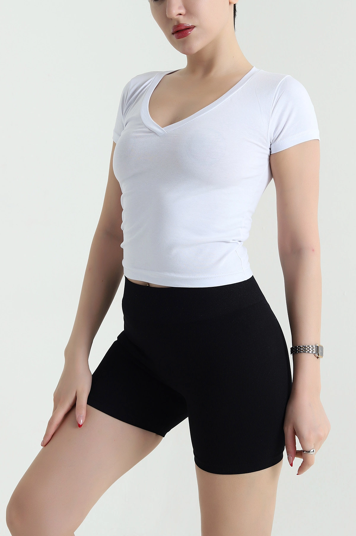 Beyaz V Yaka Kısa Kol Kadın Body 439579