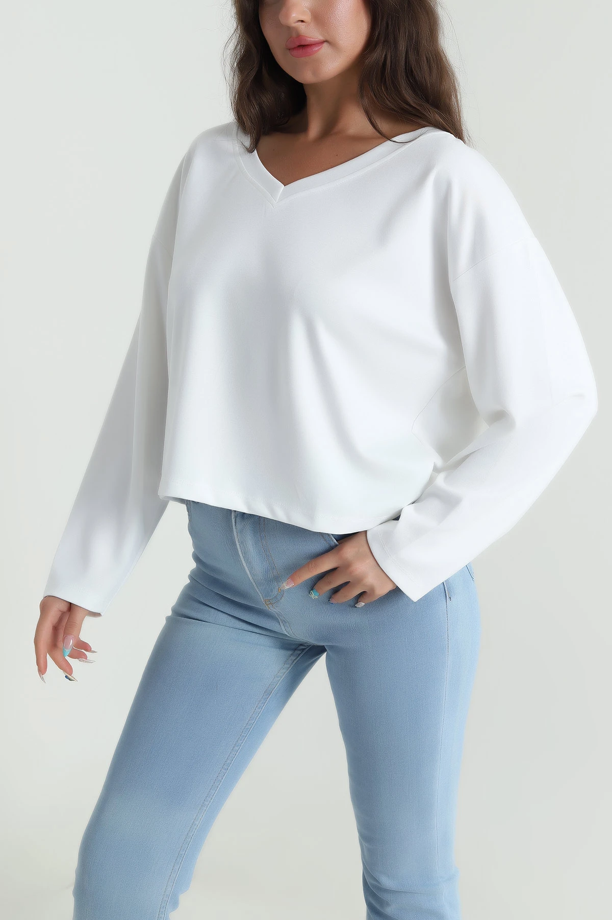 Beyaz V Yaka Modal Kadın Bluz 483081