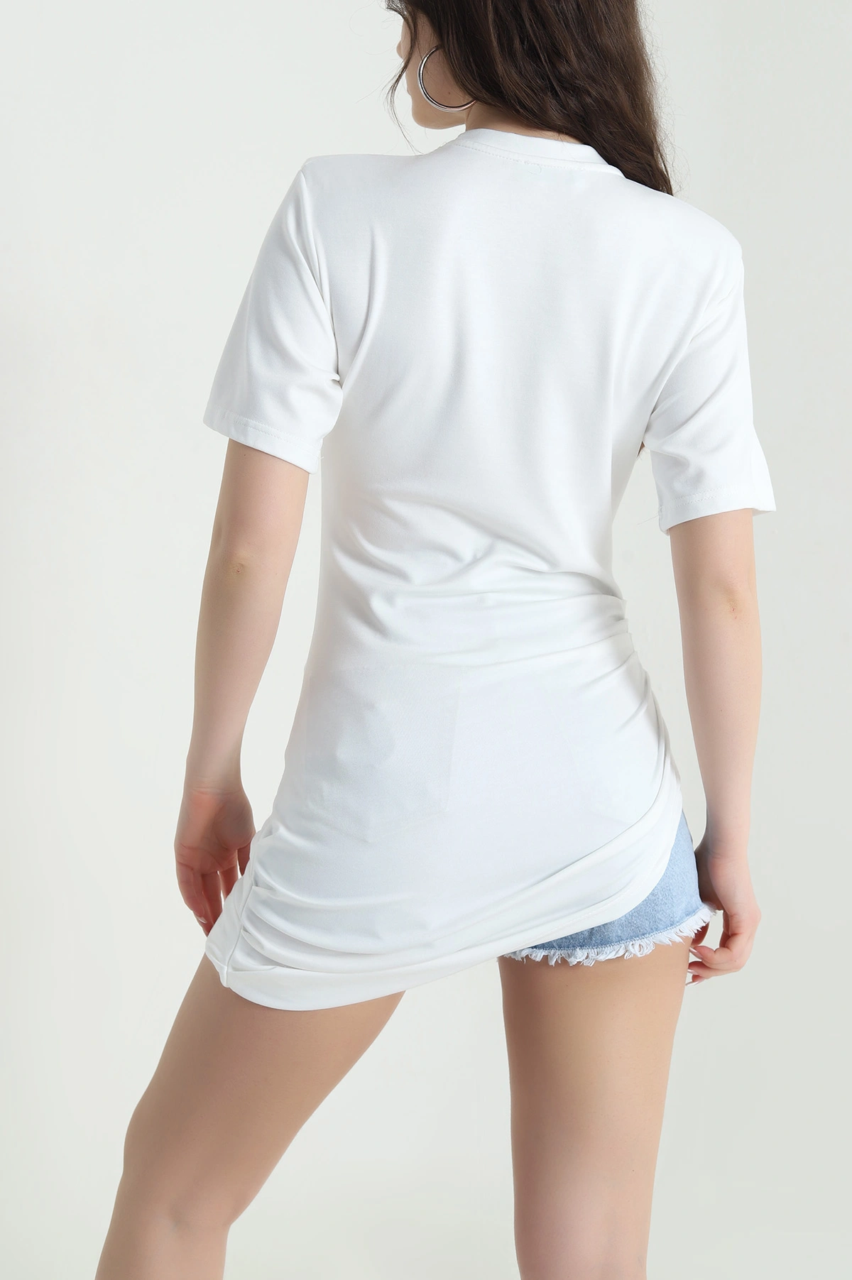 Beyaz Vatkalı Yanı Büzgülü Modal Kadın Bluz 451618