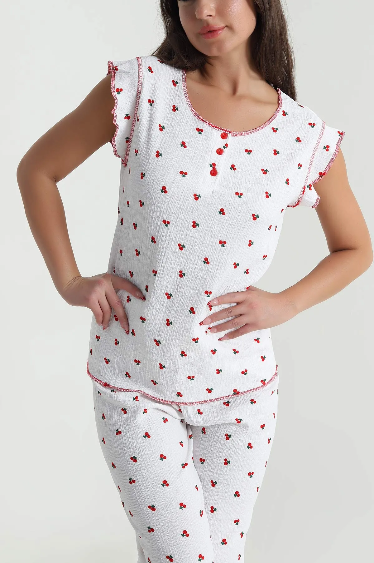 Beyaz Yaka Düğmeli Bürümcük Kadın Pijama Takımı 479569