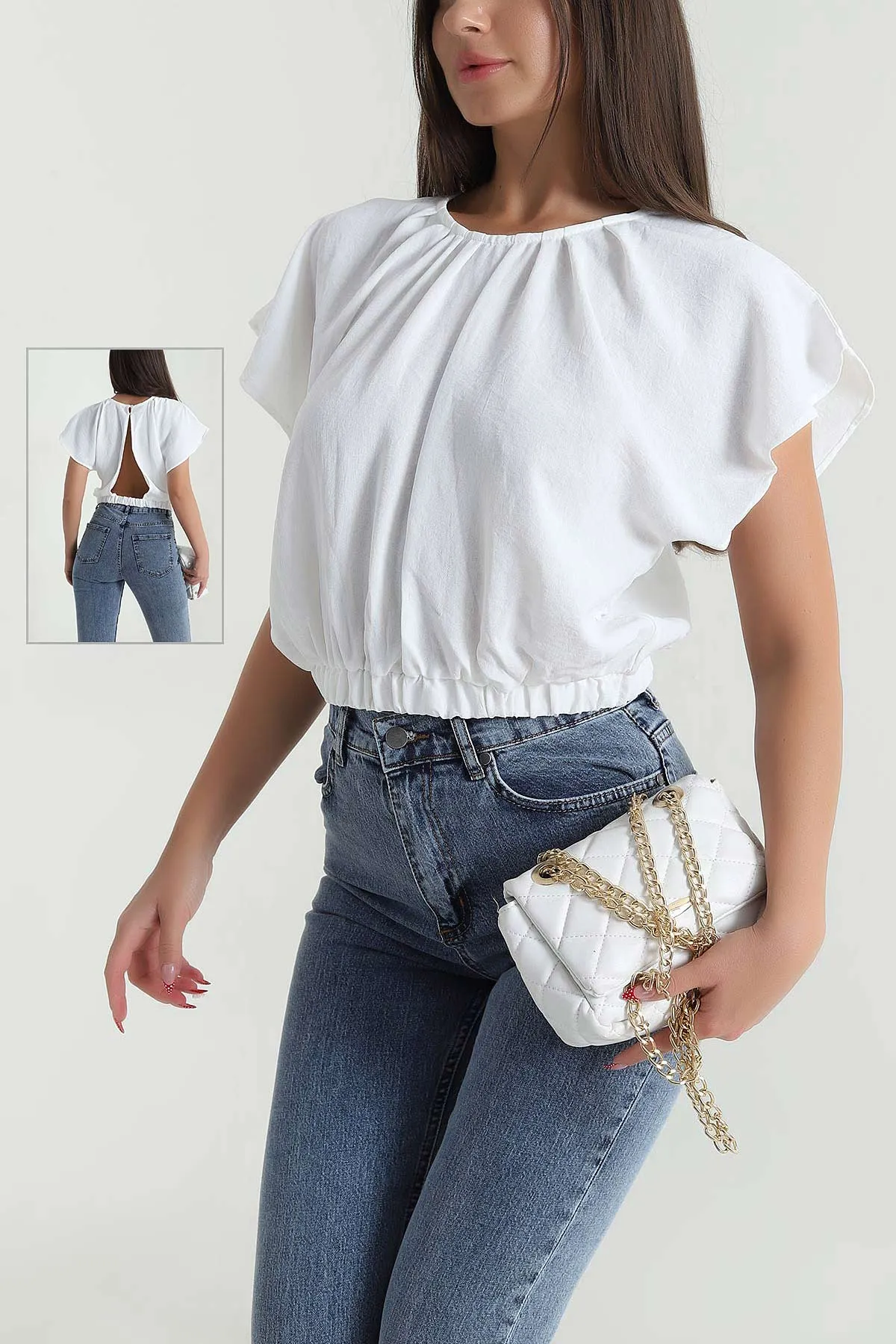 Beyaz Yaka Pileli Beli Lastikli Kadın Bluz 473706