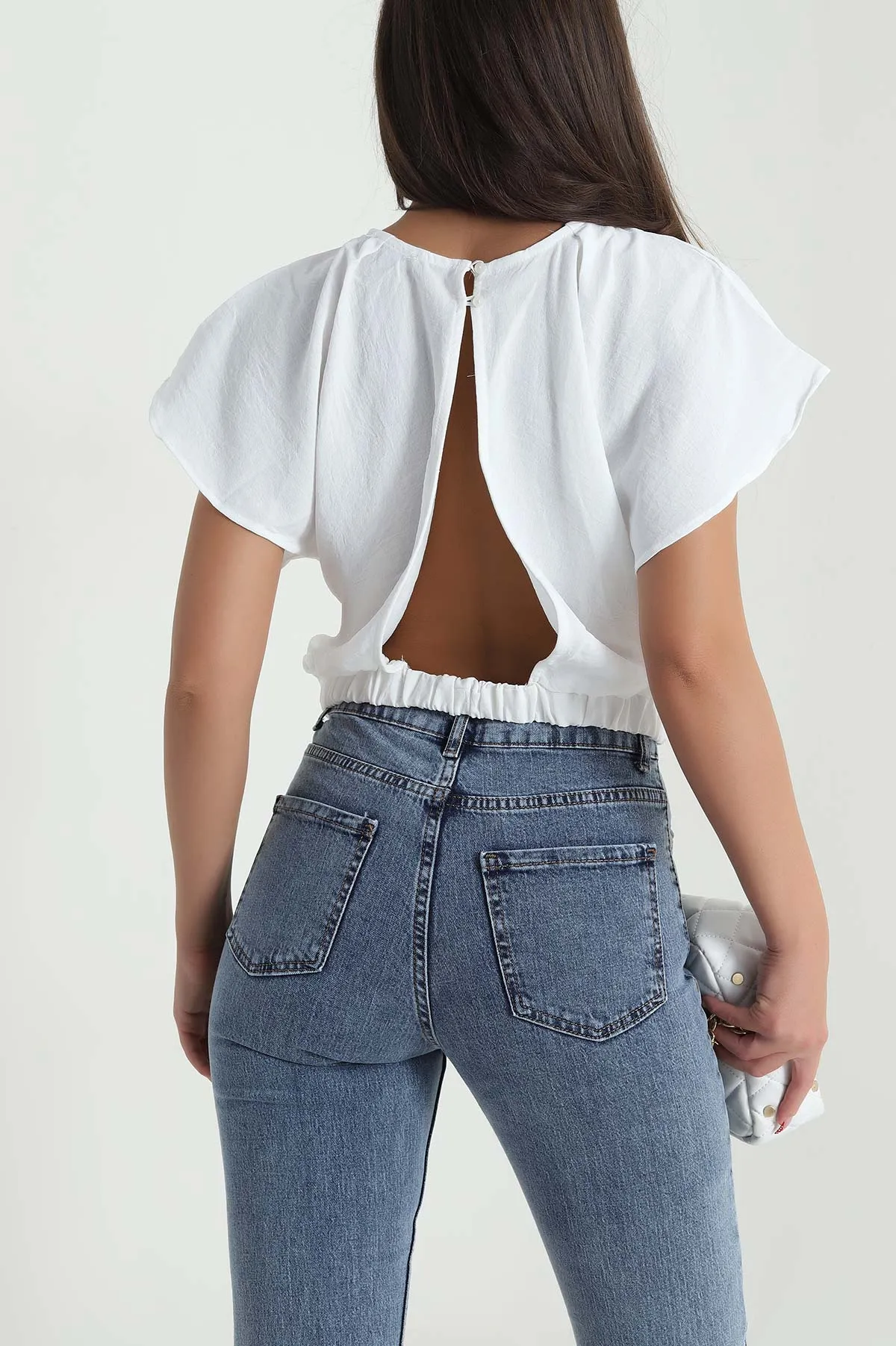 Beyaz Yaka Pileli Beli Lastikli Kadın Bluz 473706