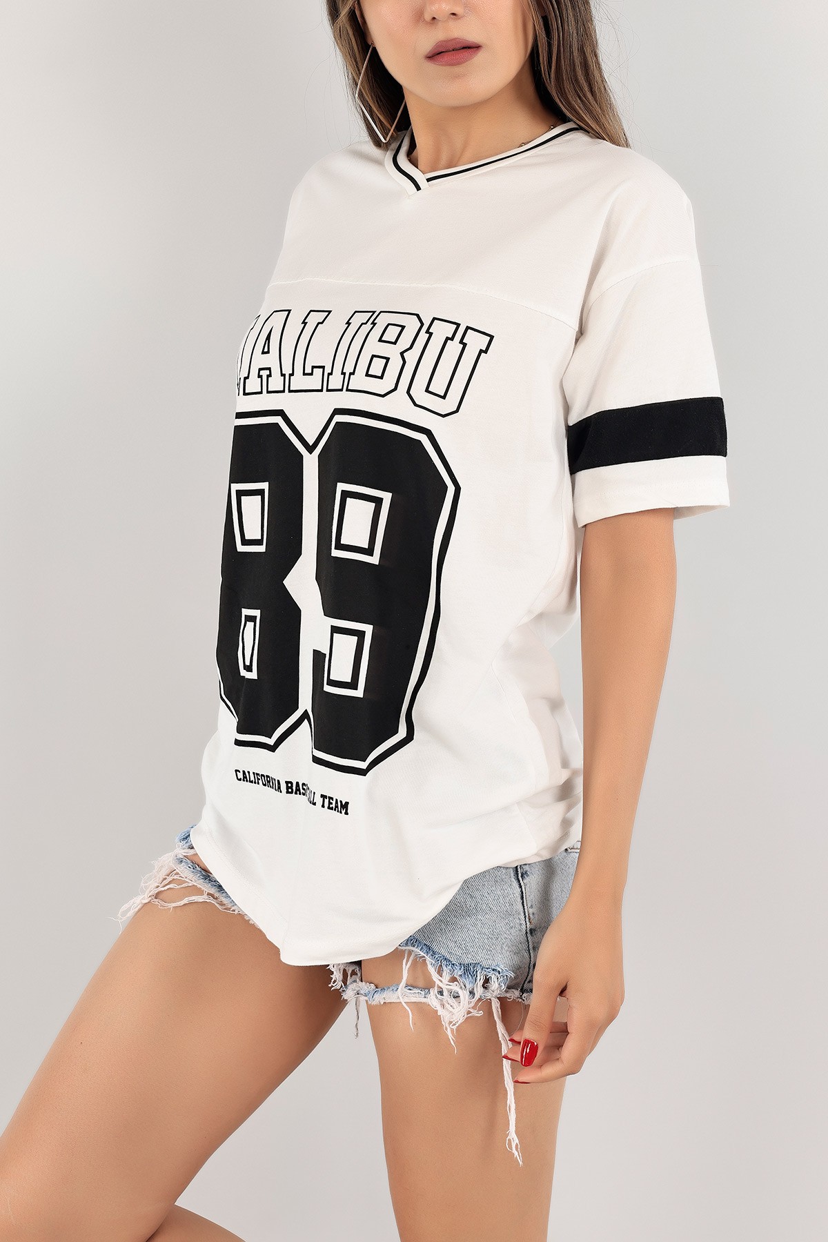 Beyaz Yaka Ribanalı Oversize Bayan Tişört 121789