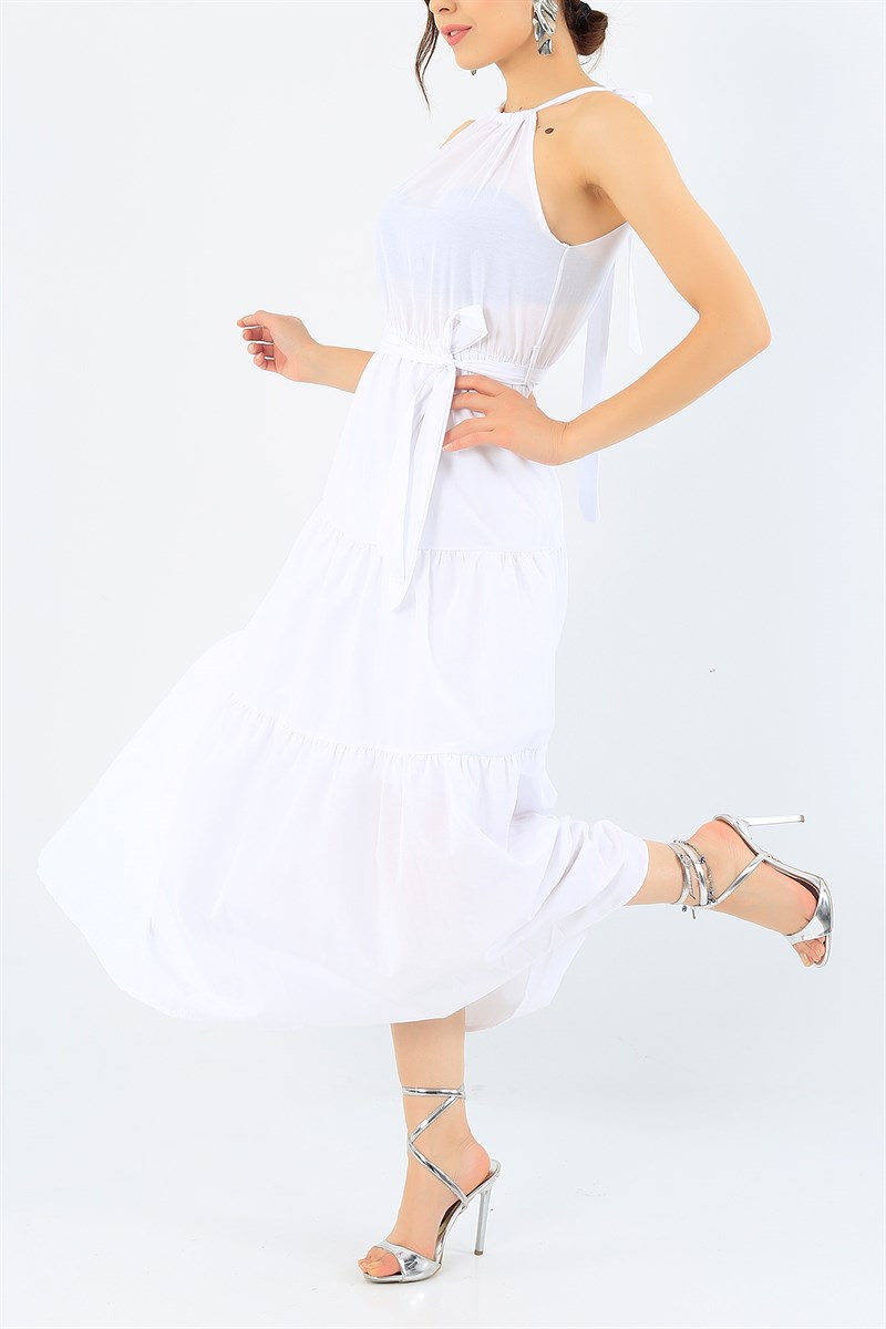 Beyaz Yakası Bağlamalı Viskon Elbise 37873