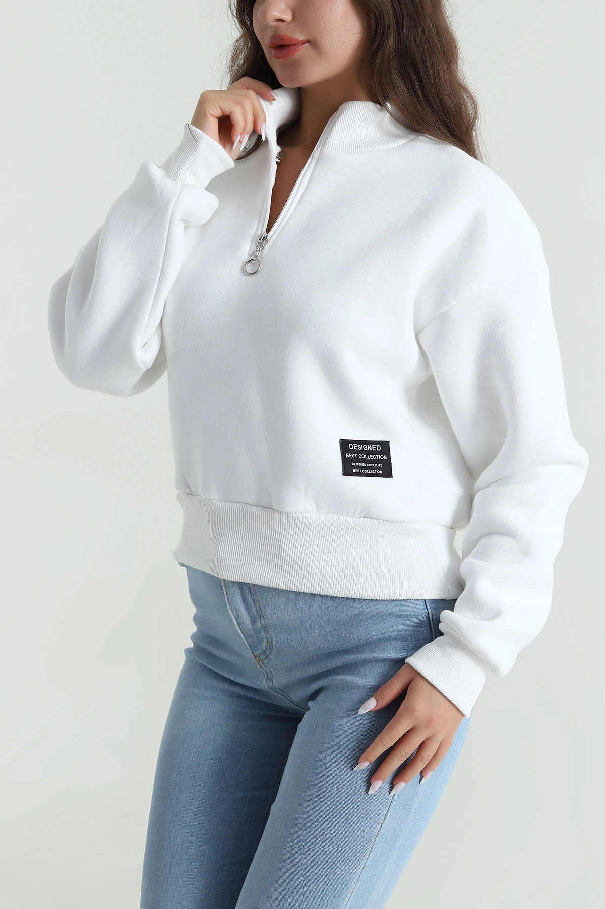 Beyaz Yakası Fermuarlı Şardonlu Üç İp Kadın Sweat 485308