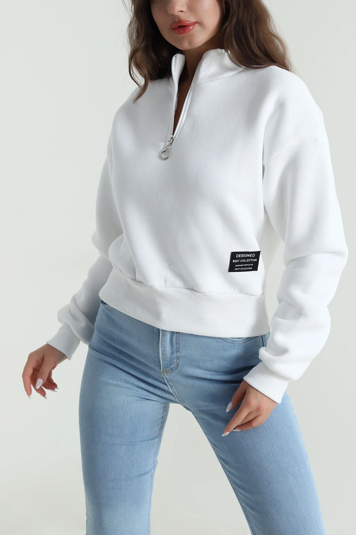 Beyaz Yakası Fermuarlı Şardonlu Üç İp Kadın Sweat 485308