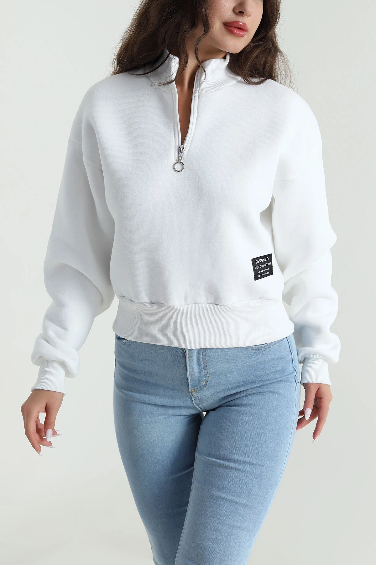 Beyaz Yakası Fermuarlı Şardonlu Üç İp Kadın Sweat 485308