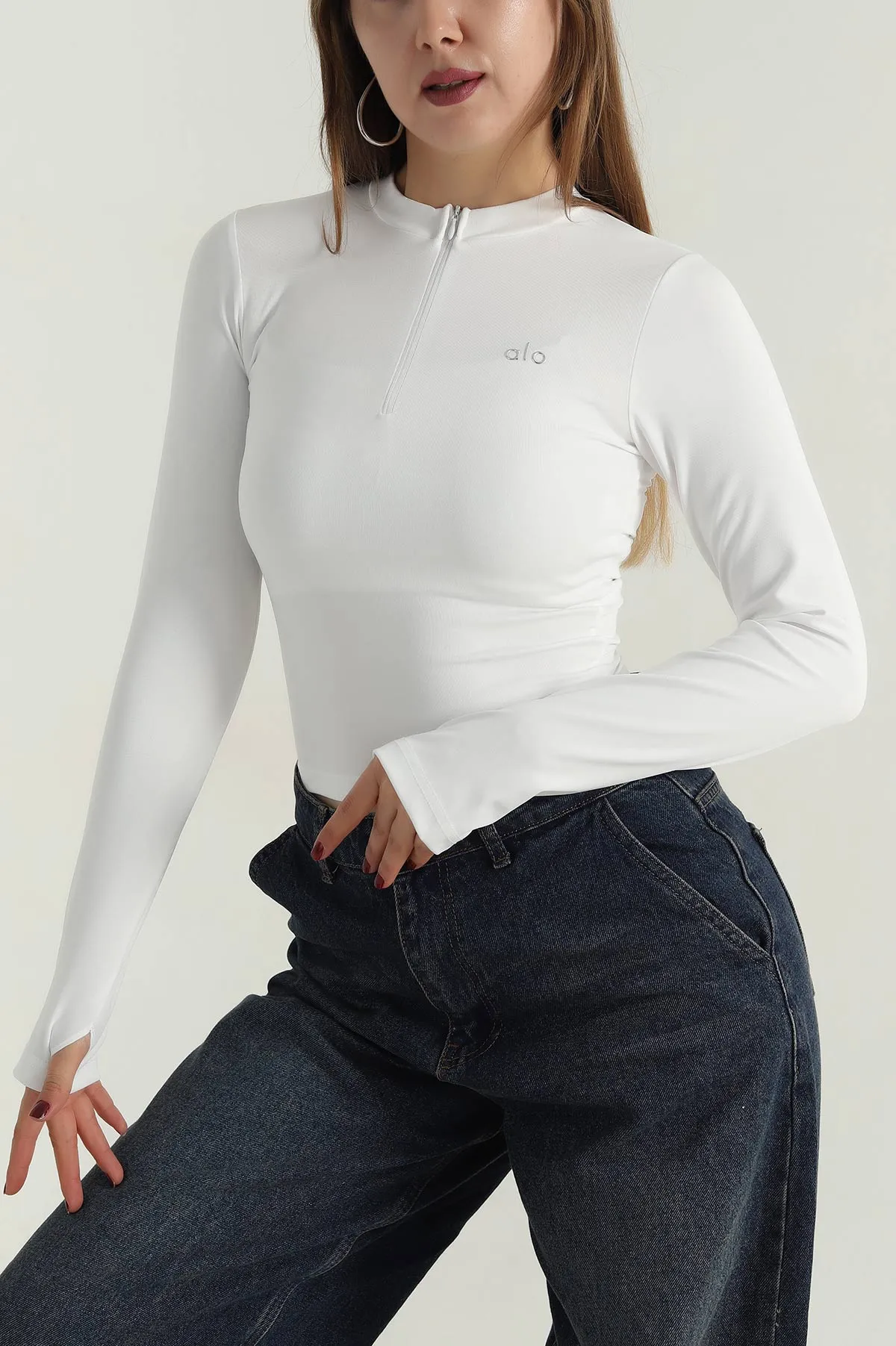 Beyaz Yakası Fermuarlı Scuba Kadın Body Bluz 404042