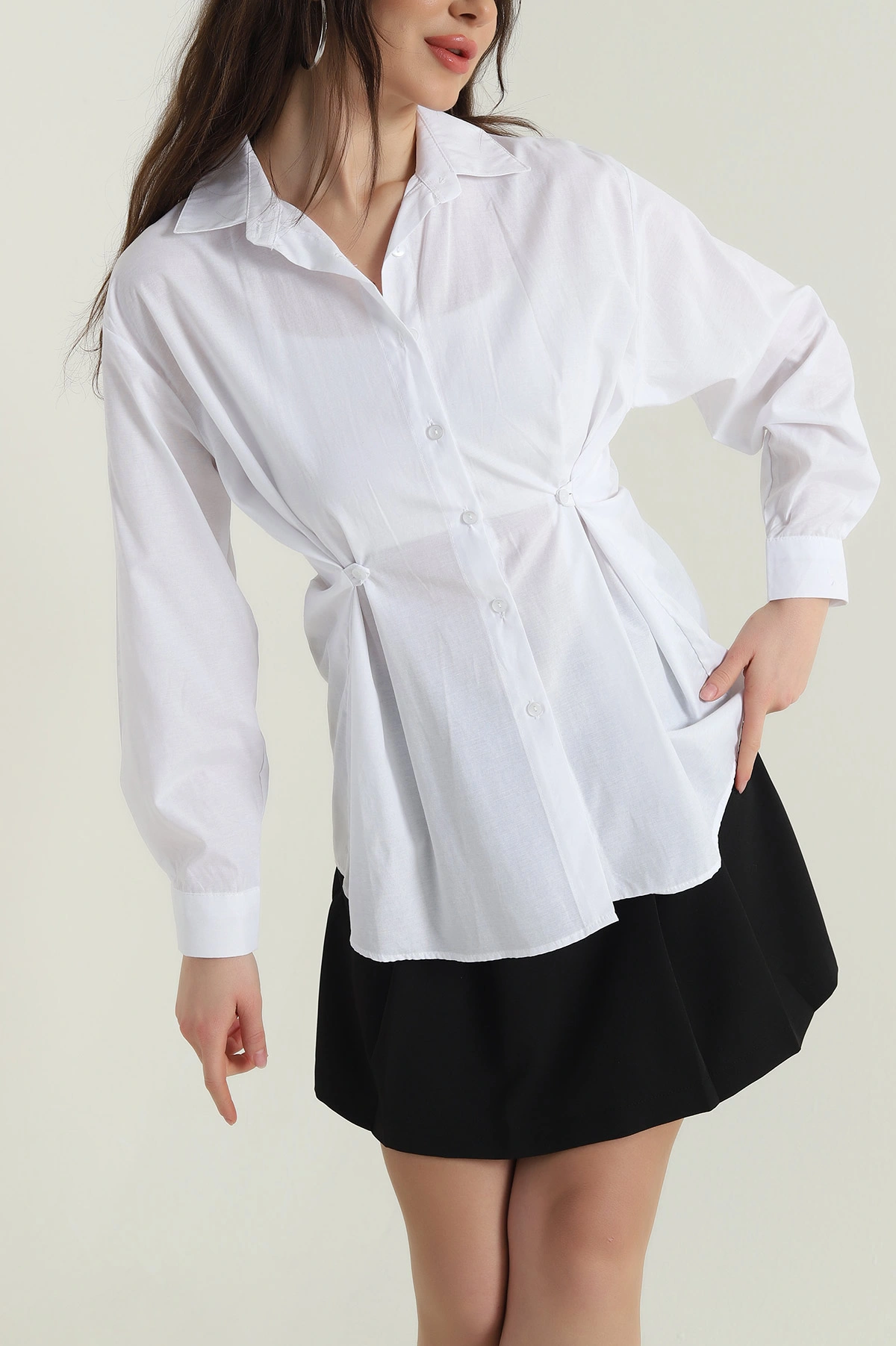 Beyaz Yan Düğmeli Poplin Kadın Gömlek 428461