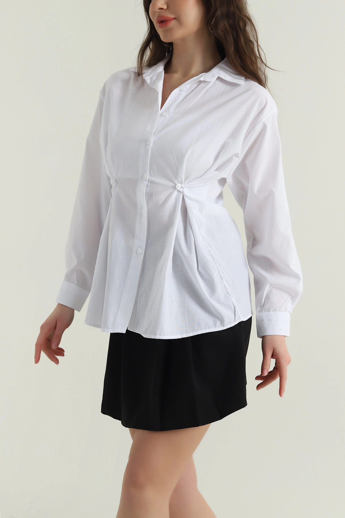 Beyaz Yan Düğmeli Poplin Kadın Gömlek 428461