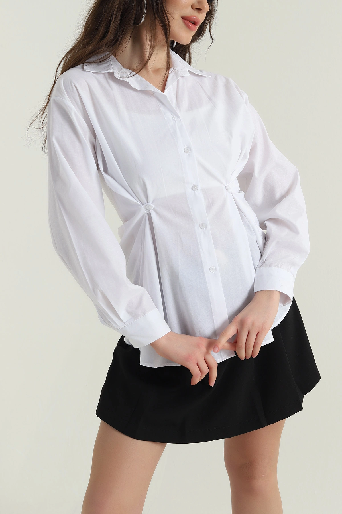 Beyaz Yan Düğmeli Poplin Kadın Gömlek 428461