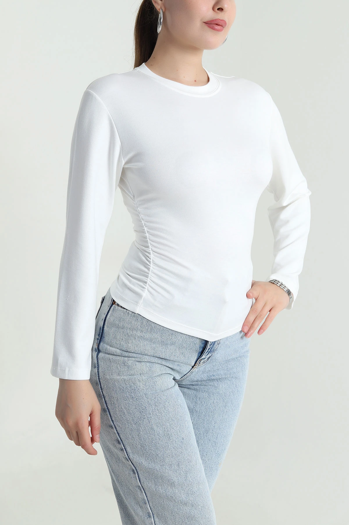 Beyaz Yanı Büzgülü Modal Kadın Bluz 484402