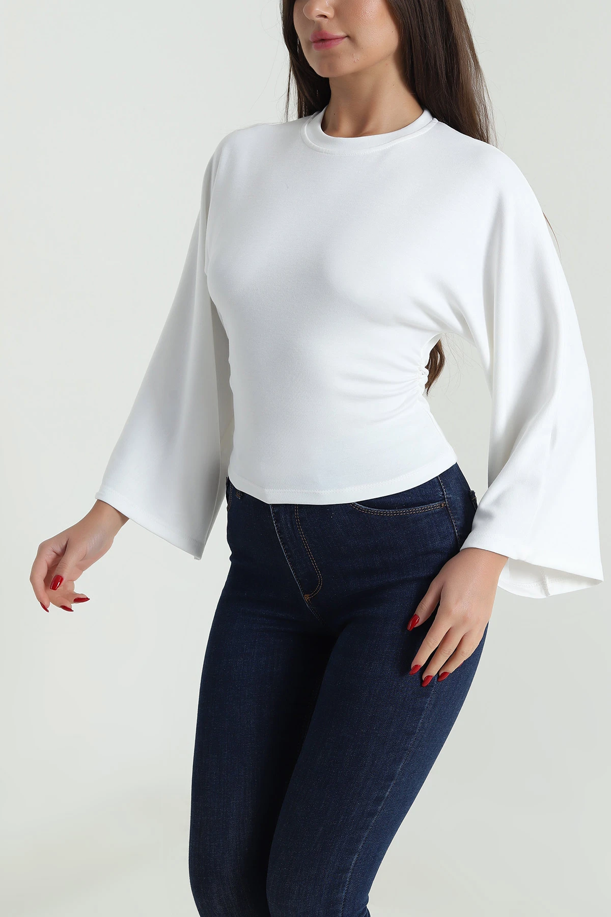 Beyaz Yanı Büzgülü Modal Kadın Bluz 491261