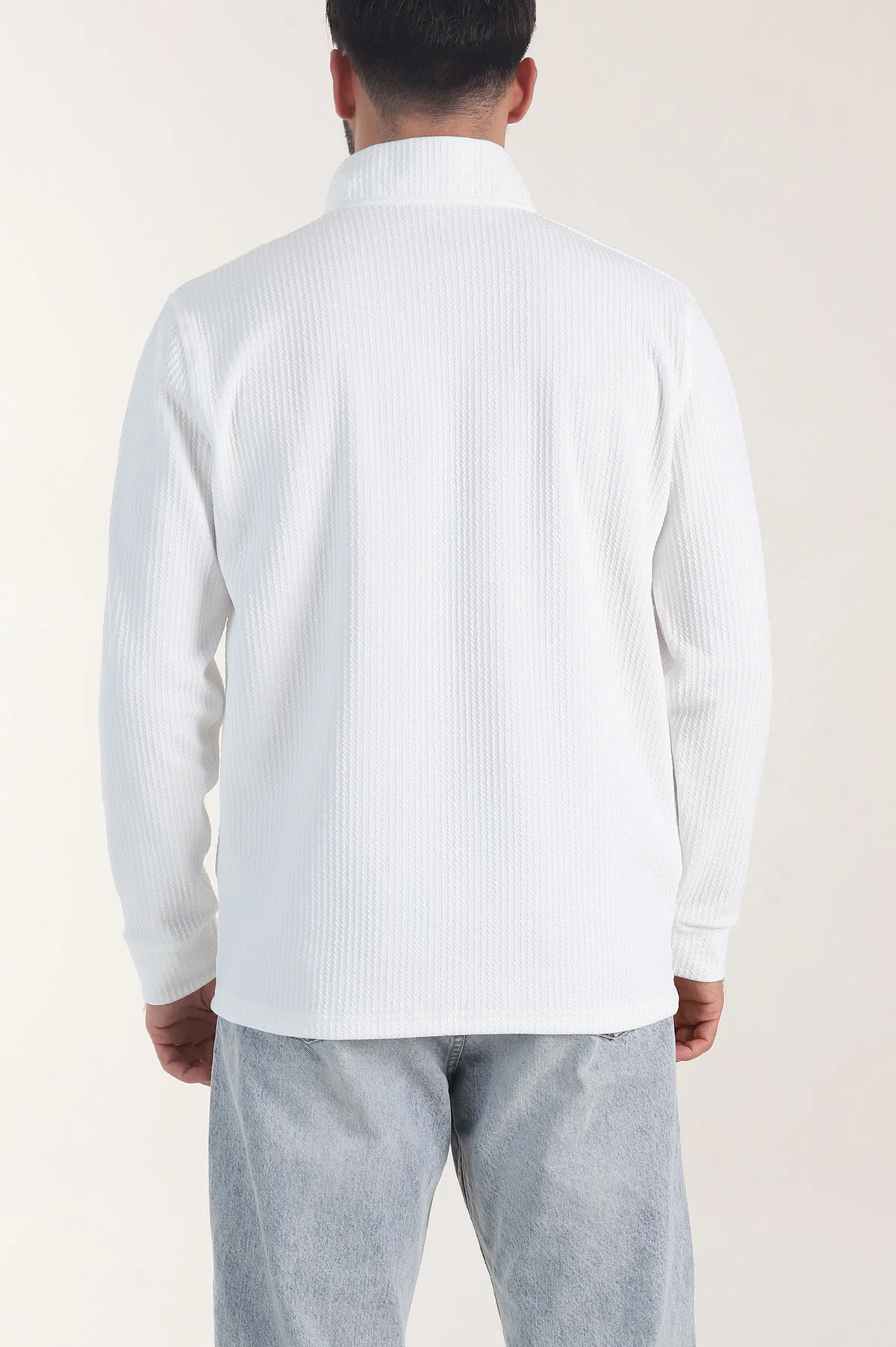 Beyaz Yarım Fermuarlı Dik Yaka Dokulu Erkek Sweatshirt 406821