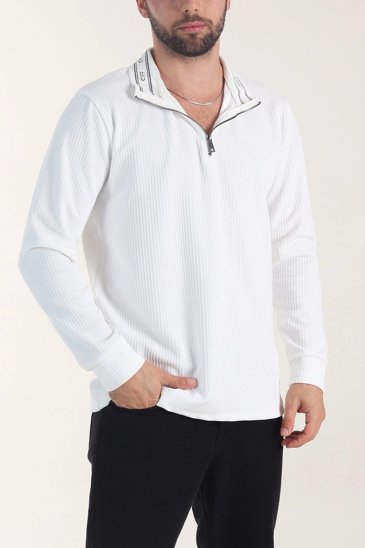 Beyaz Yarım Fermuarlı Dokulu Dik Yaka Erkek Sweatshirt 406937