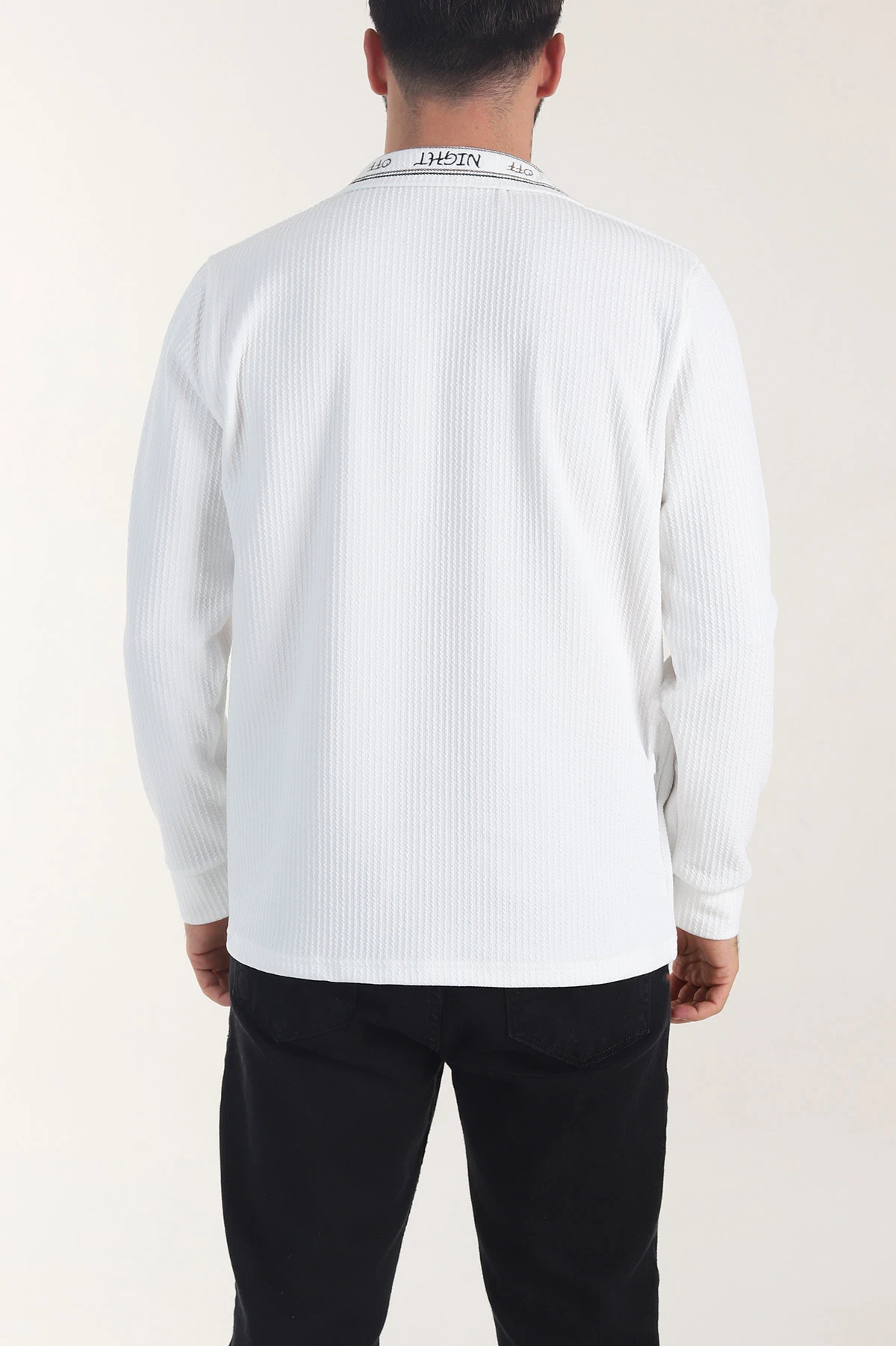 Beyaz Yarım Fermuarlı Dokulu Dik Yaka Erkek Sweatshirt 406937