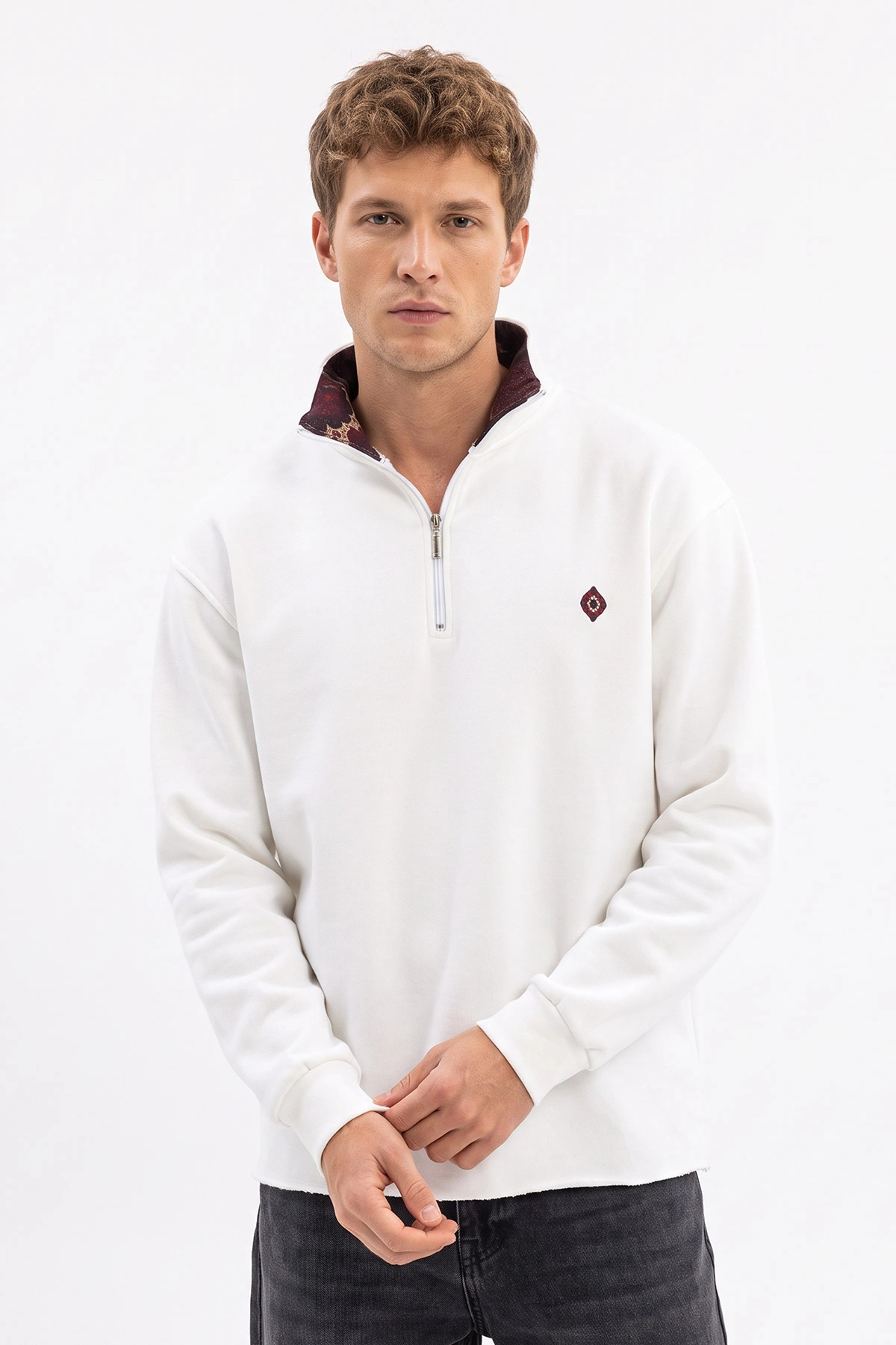 Beyaz Yarım Fermuarlı Erkek Sweatshirt 499407