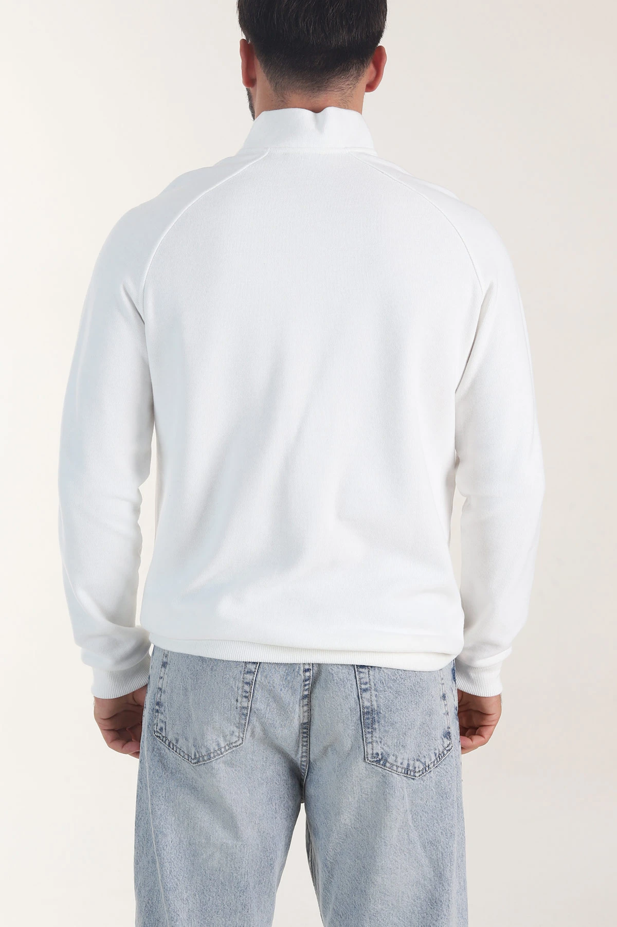 Beyaz Yarım Fermuarlı Nakış Detaylı Erkek Sweatshirt 406853