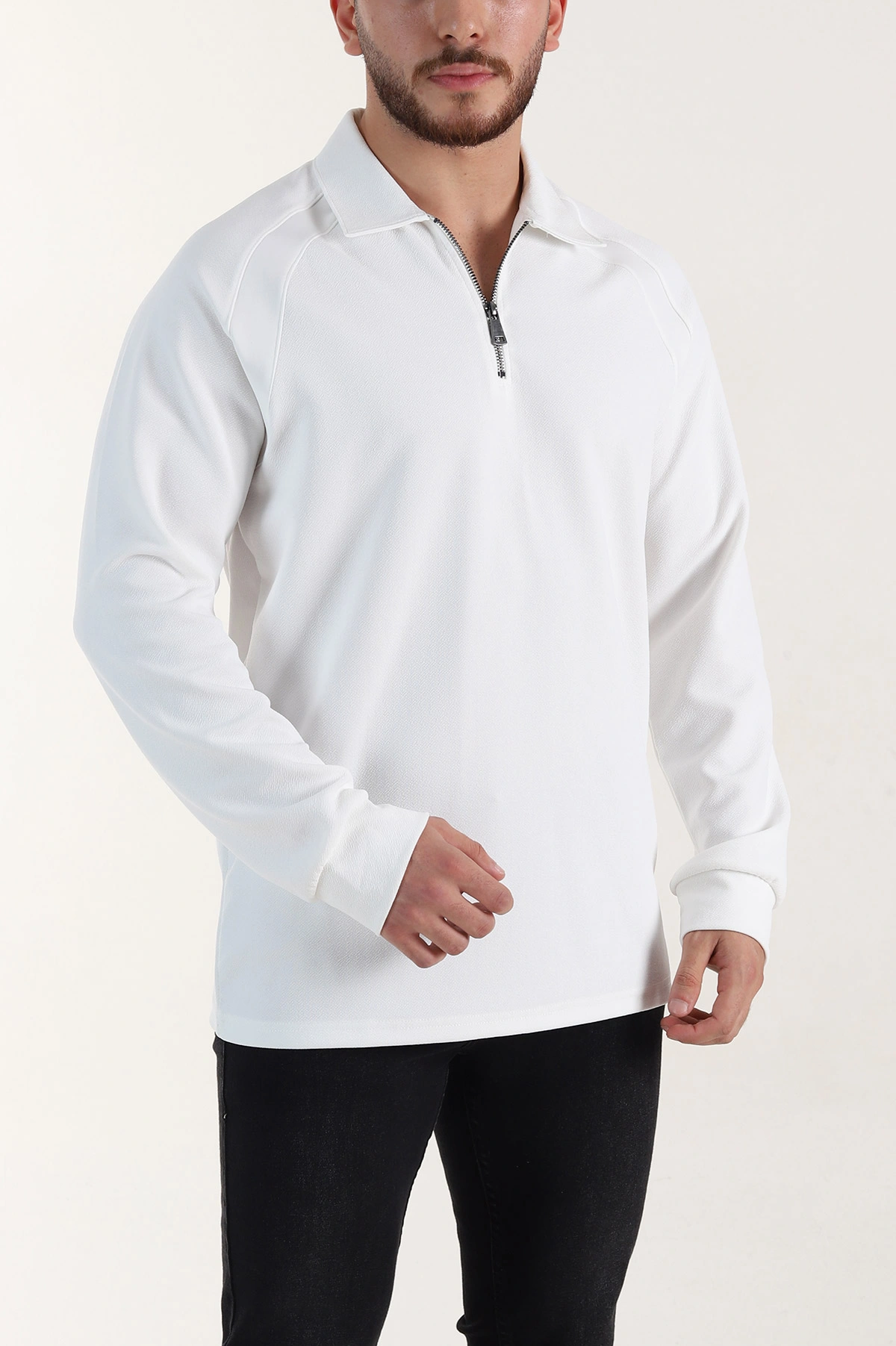 Beyaz Yarım Fermuarlı Polo Yaka Erkek Sweatshirt 397128