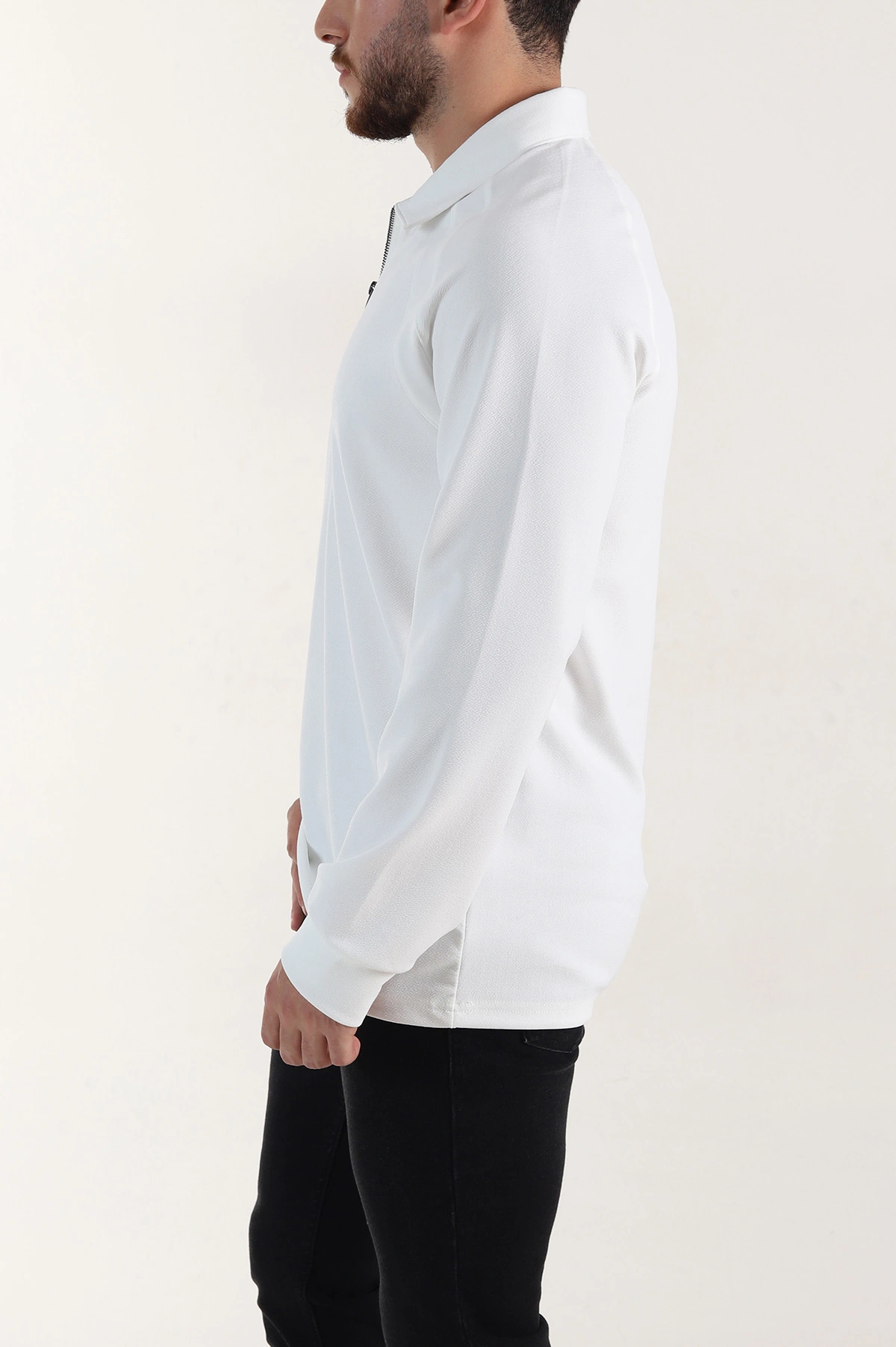 Beyaz Yarım Fermuarlı Polo Yaka Erkek Sweatshirt 397128
