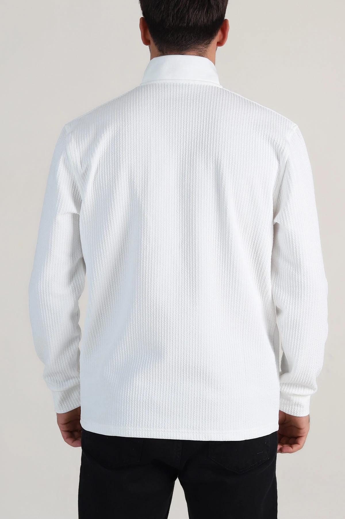 Beyaz Yarım Fermuarlı Polo Yaka Erkek Sweatshirt 410872
