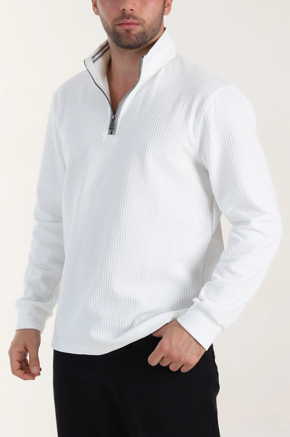 Beyaz Yarım Fermuarlı Polo Yaka Erkek Sweatshirt 410872